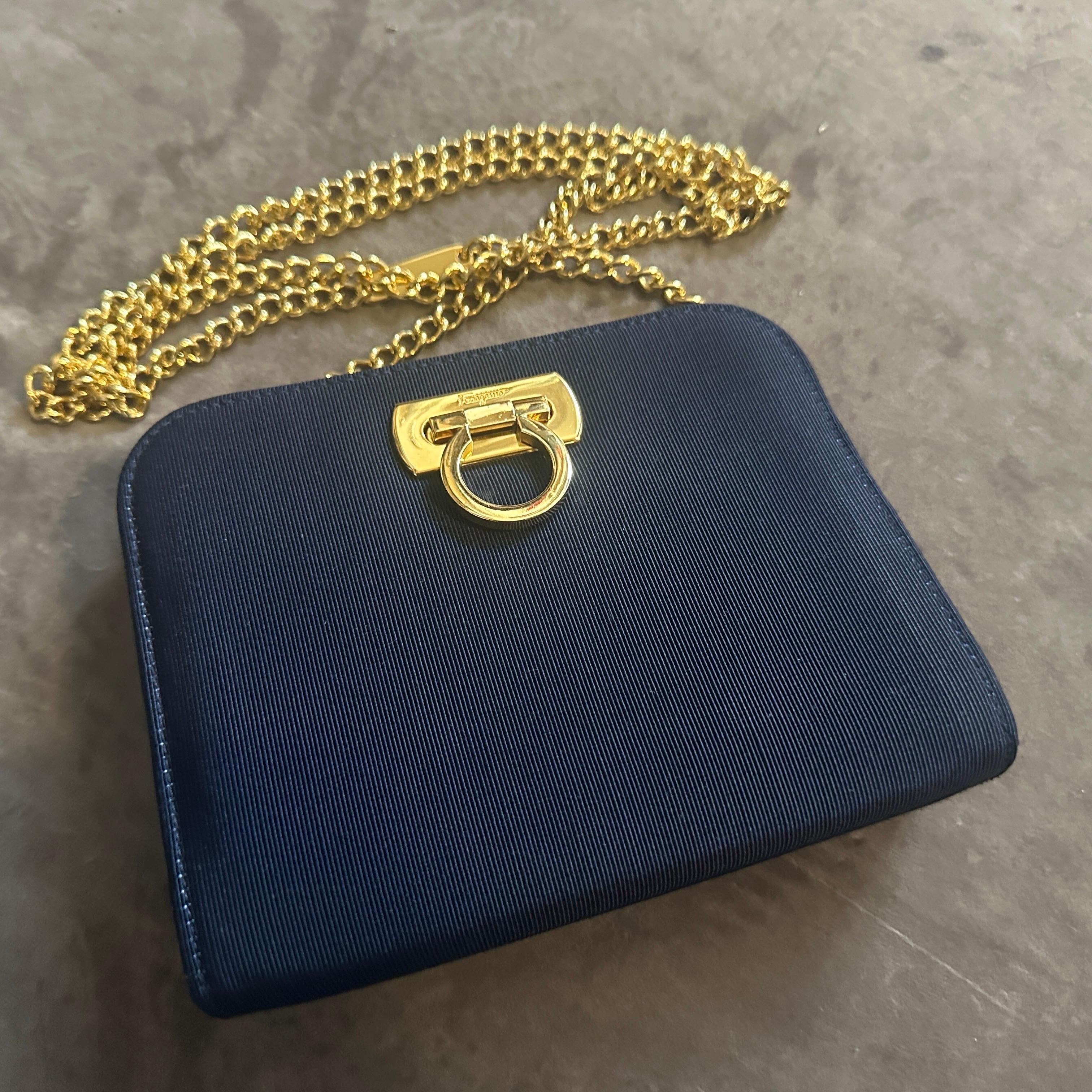 da uomo o donna 1990s elegant Blue Fabric and Brass Belt Hand Bag by Salvatore Ferragamo in vendita