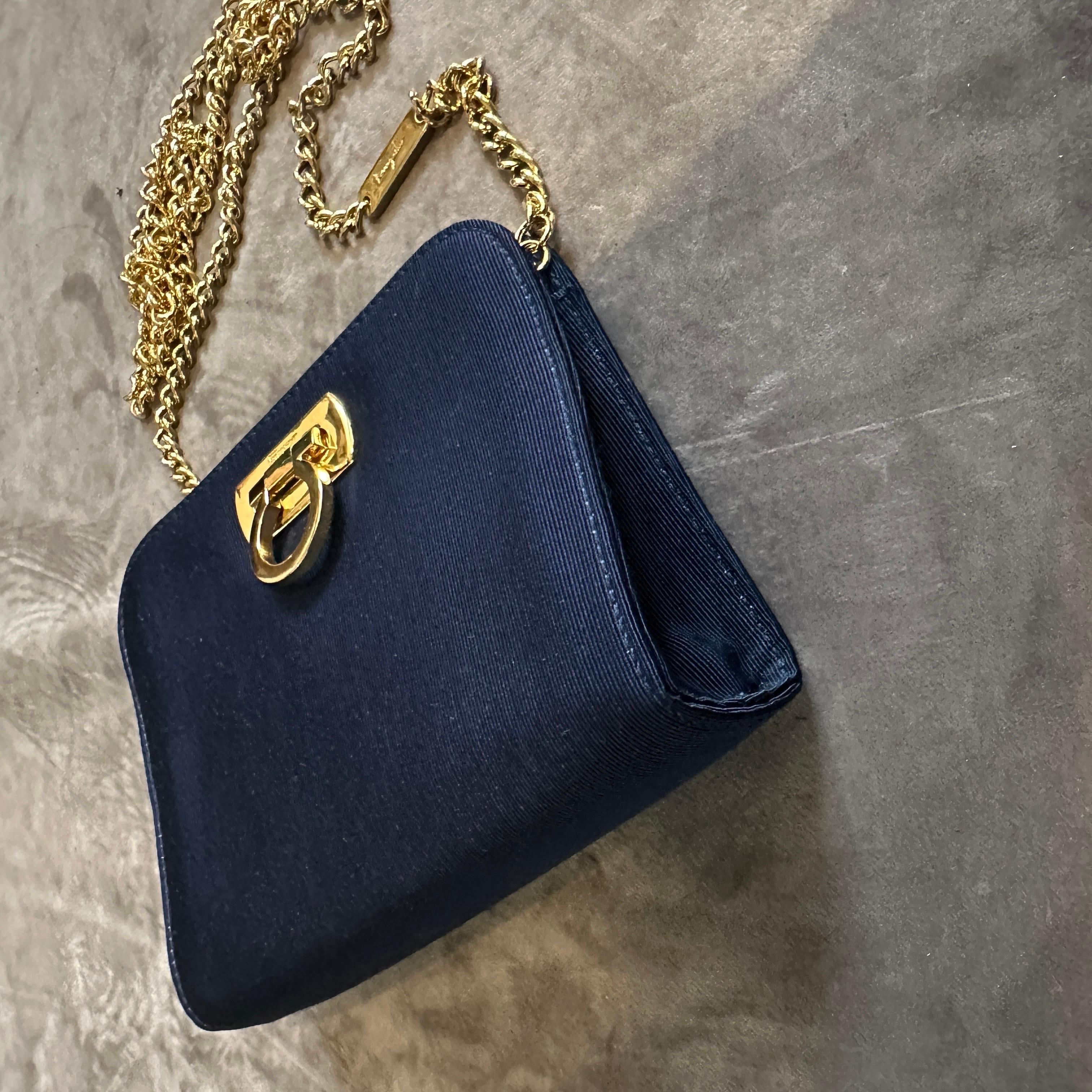 1990s elegant Blue Fabric and Brass Belt Hand Bag by Salvatore Ferragamo in vendita 1