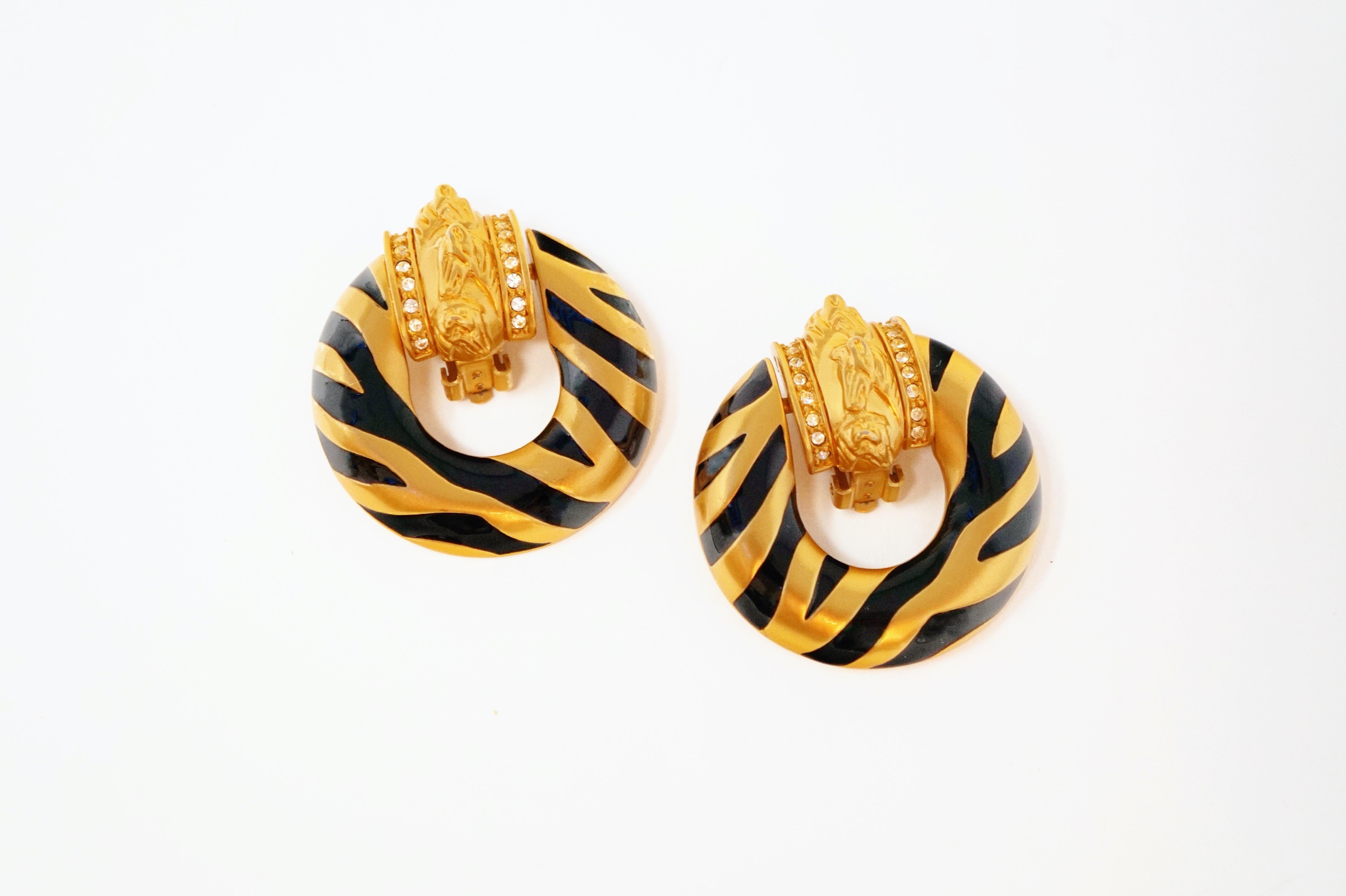 1990s Elizabeth Taylor for Avon Gilt Zebra Bangle & Door Knocker Earrings Set In Excellent Condition In McKinney, TX