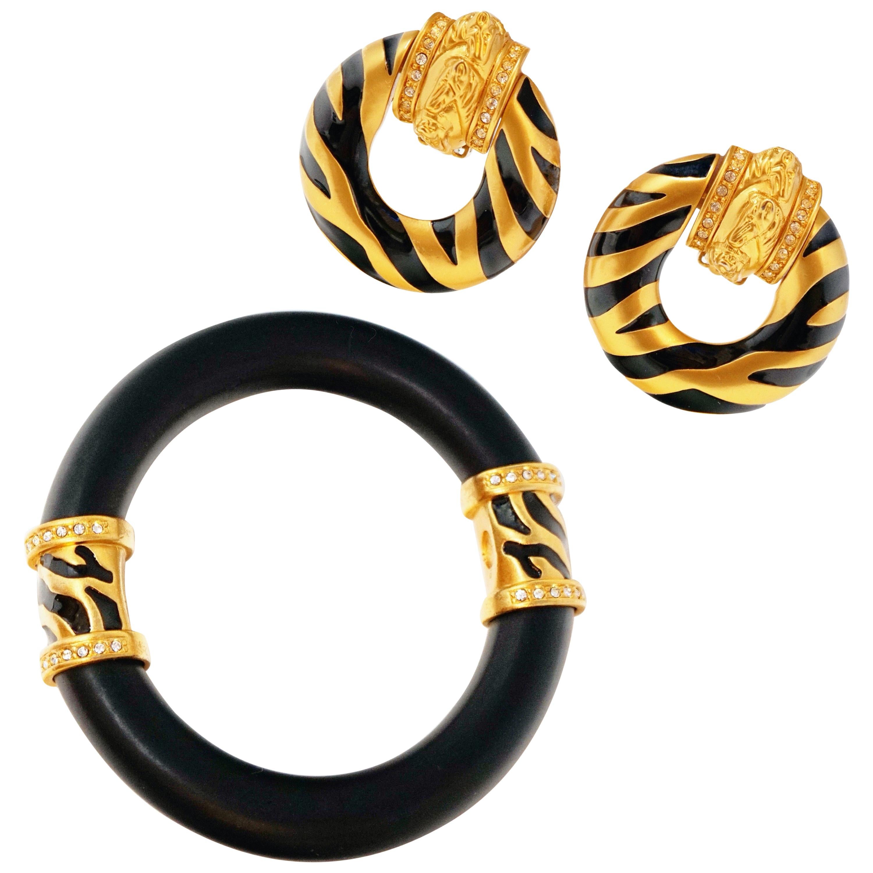 1990s Elizabeth Taylor for Avon Gilt Zebra Bangle & Door Knocker Earrings Set