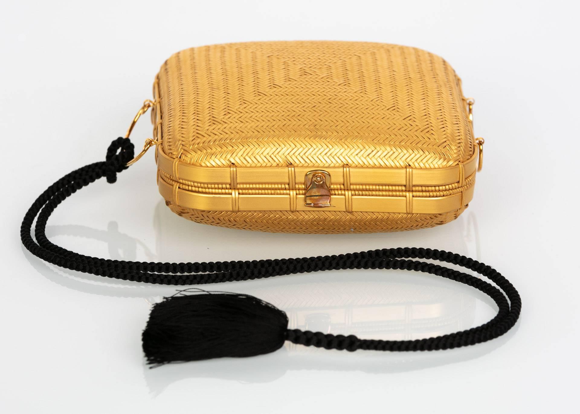 Tiffany & Co. by Elsa Peretti Gold Lacquered Bamboo Tassel Minaudière Bag, 1990s In Excellent Condition In Boca Raton, FL