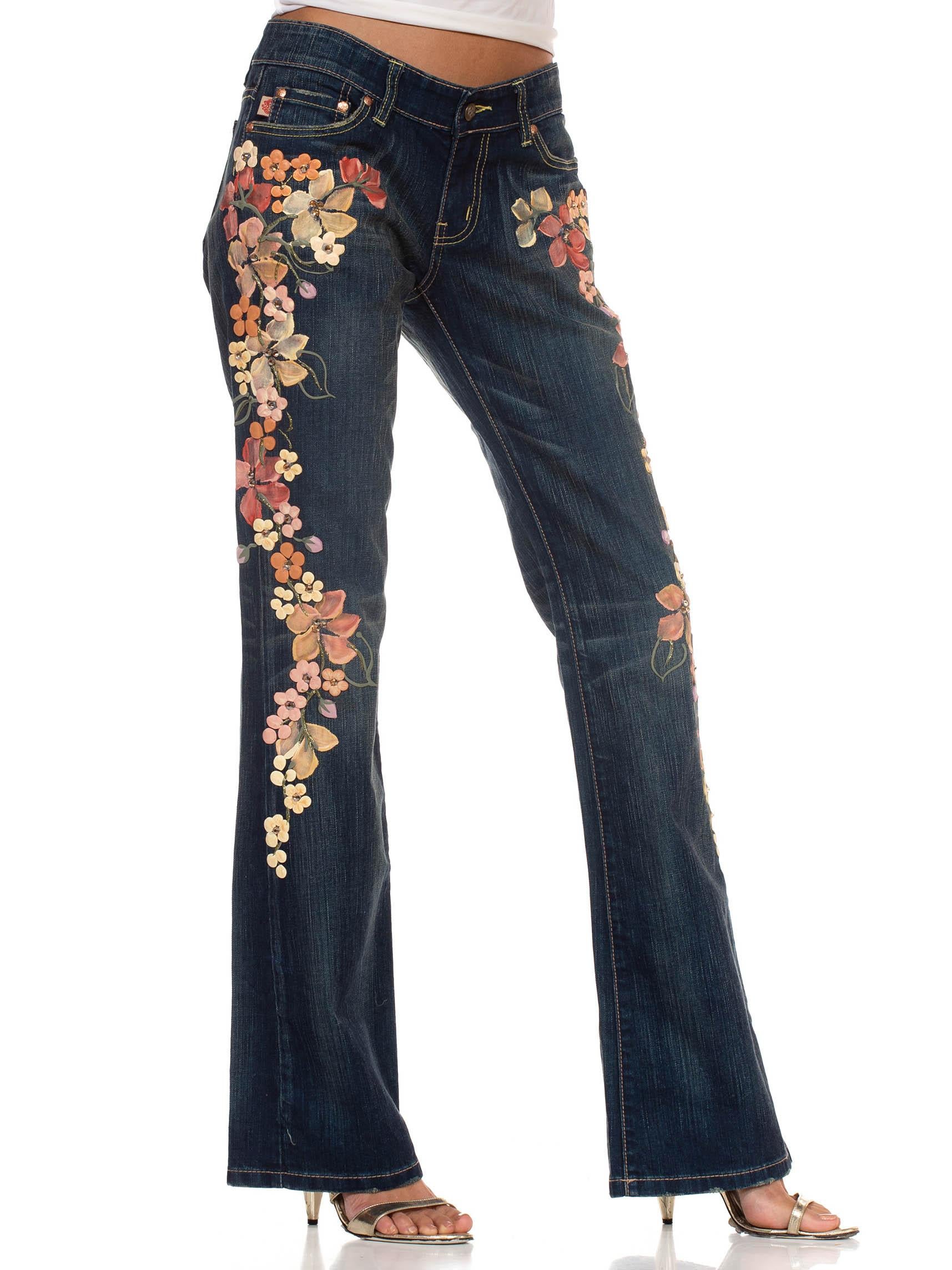 1990S EMA SAVAHL Cotton & Spandex Denim Jeans With Floral Puffy Paint Crystal Design