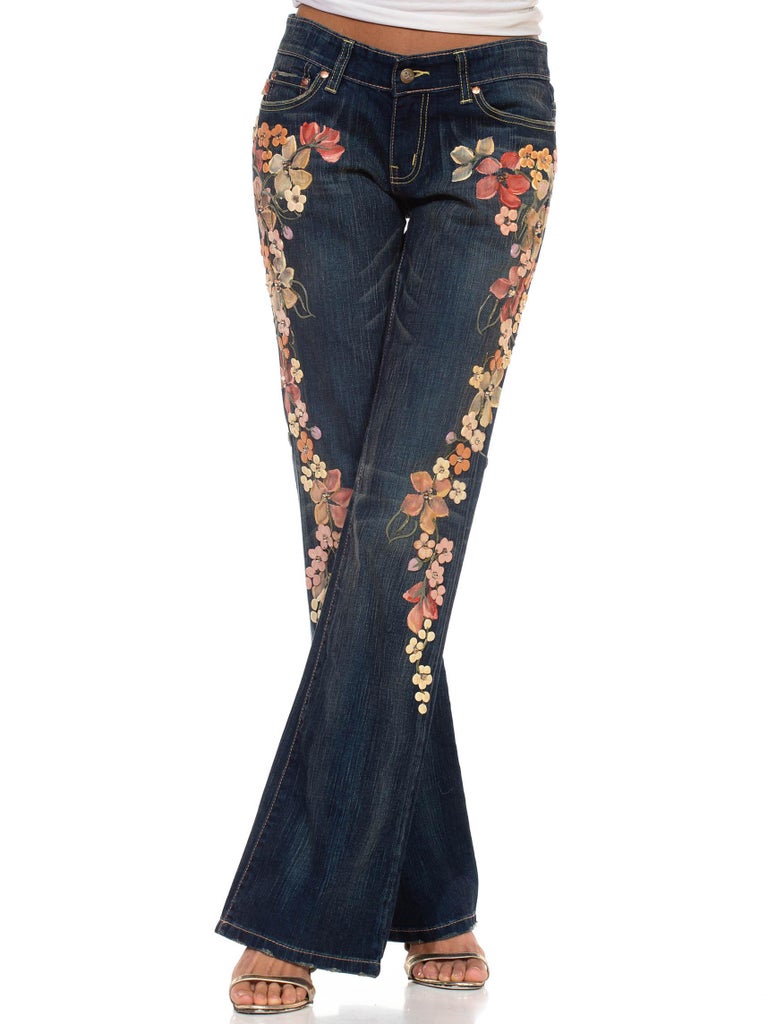 1990S EMA SAVAHL Cotton and Spandex Denim Jeans With Floral Puffy Paint ...