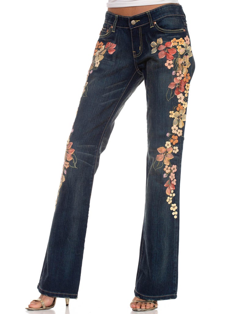 1990S EMA SAVAHL Cotton and Spandex Denim Jeans With Floral Puffy Paint ...