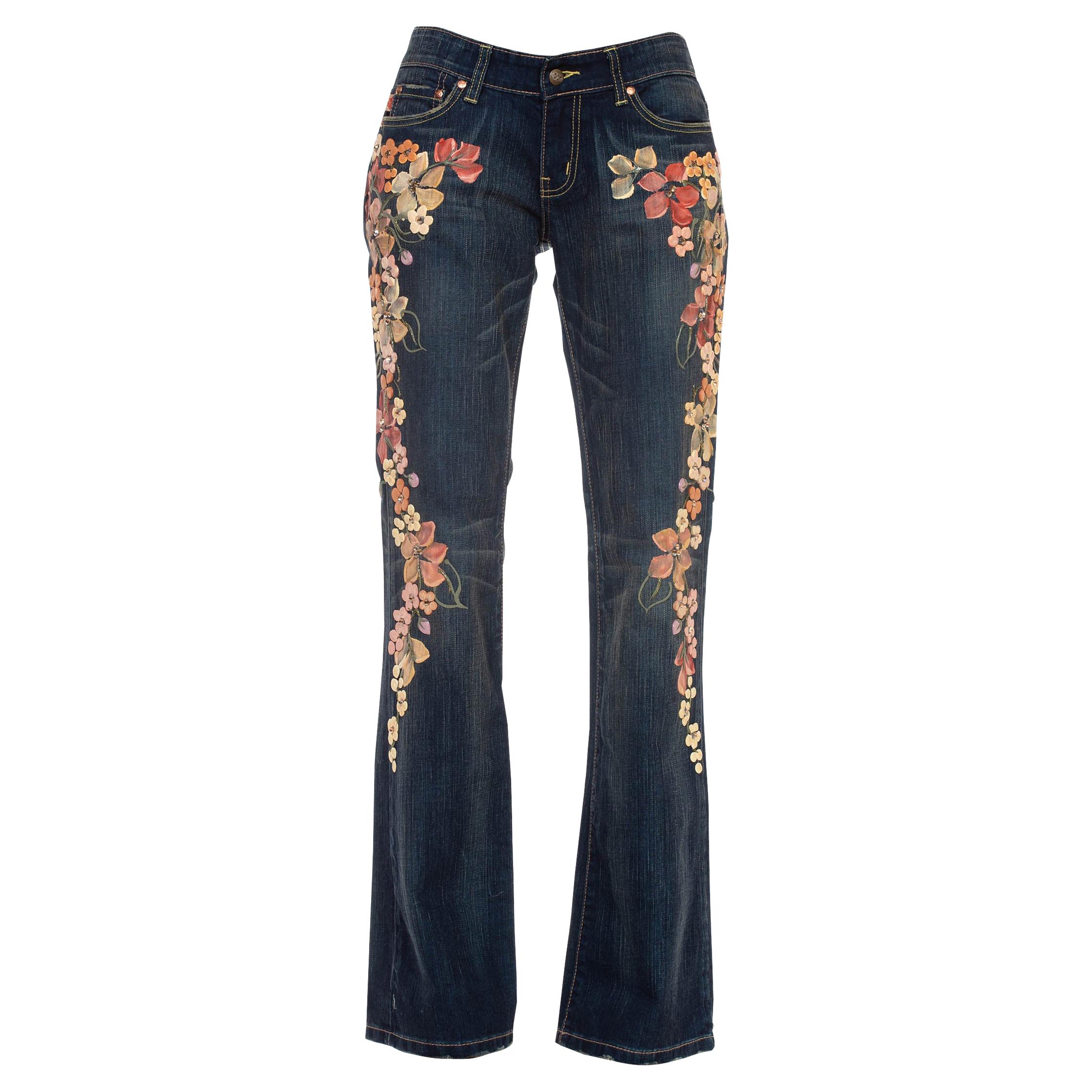 1990S EMA SAVAHL Cotton & Spandex Denim Jeans With Floral Puffy Paint Crystal D