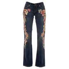 Vintage 1990S EMA SAVAHL Cotton & Spandex Denim Jeans With Floral Puffy Paint Crystal D