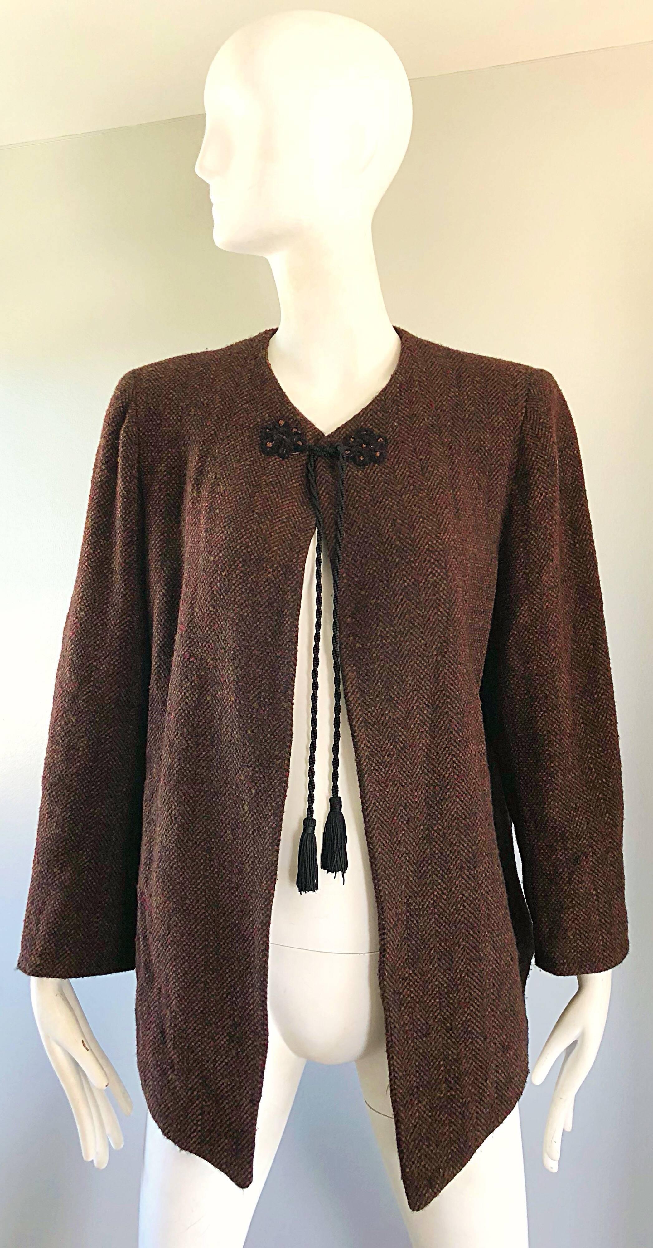 1990s Emanuel Ungaro Brown Wool Vintage 90s Tasseled Russian Swing Jacket  For Sale 8