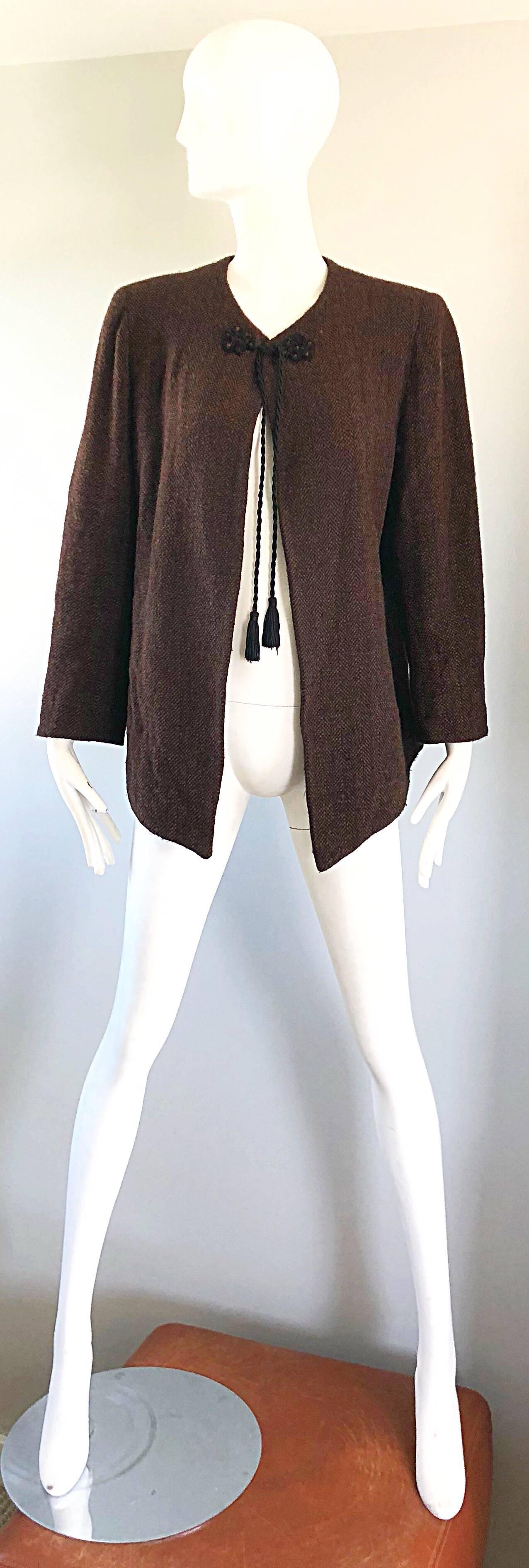1990s Emanuel Ungaro Brown Wool Vintage 90s Tasseled Russian Swing Jacket For Sale 9