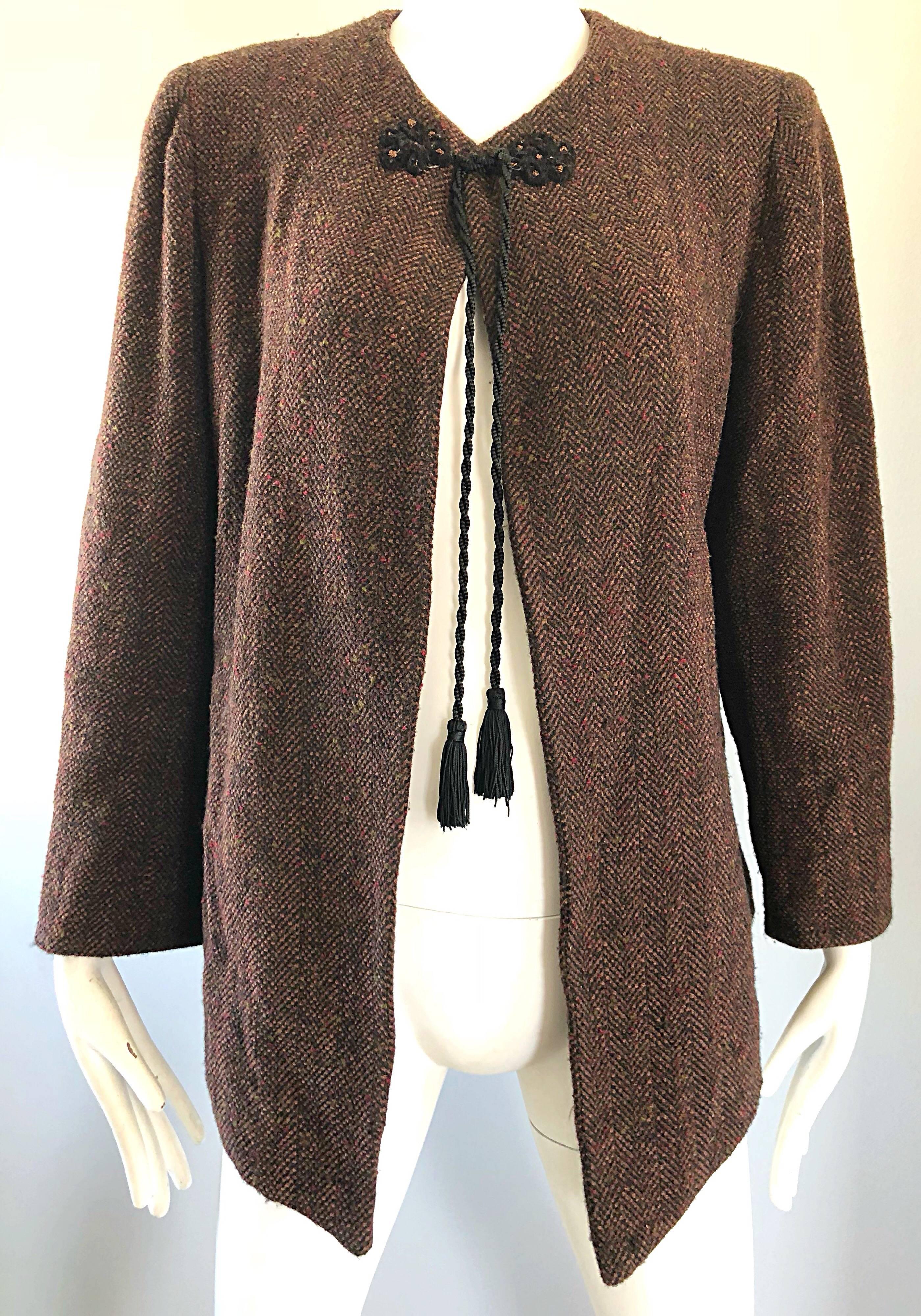 Black 1990s Emanuel Ungaro Brown Wool Vintage 90s Tasseled Russian Swing Jacket  For Sale