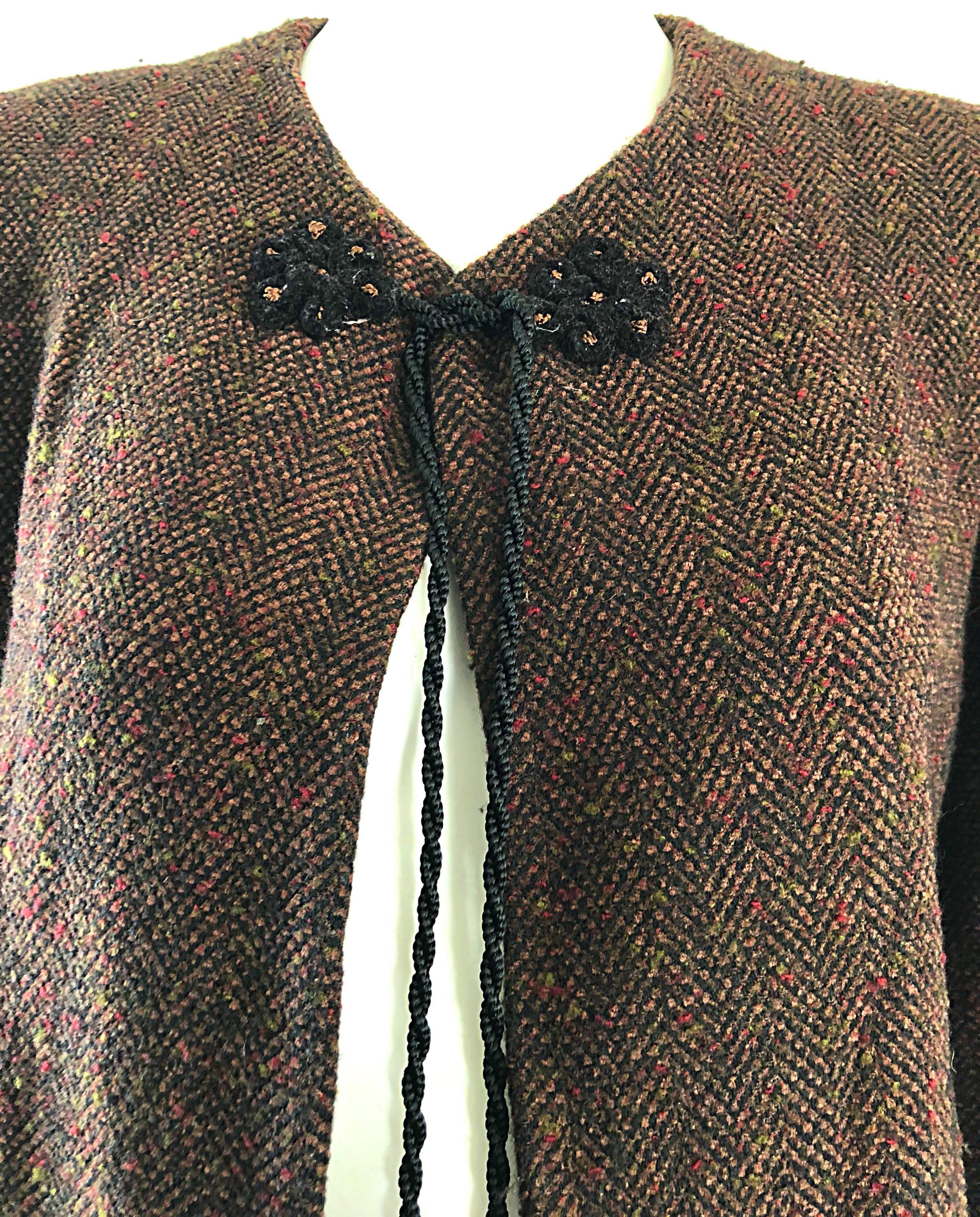 1990s Emanuel Ungaro Brown Wool Vintage 90s Tasseled Russian Swing Jacket For Sale 1