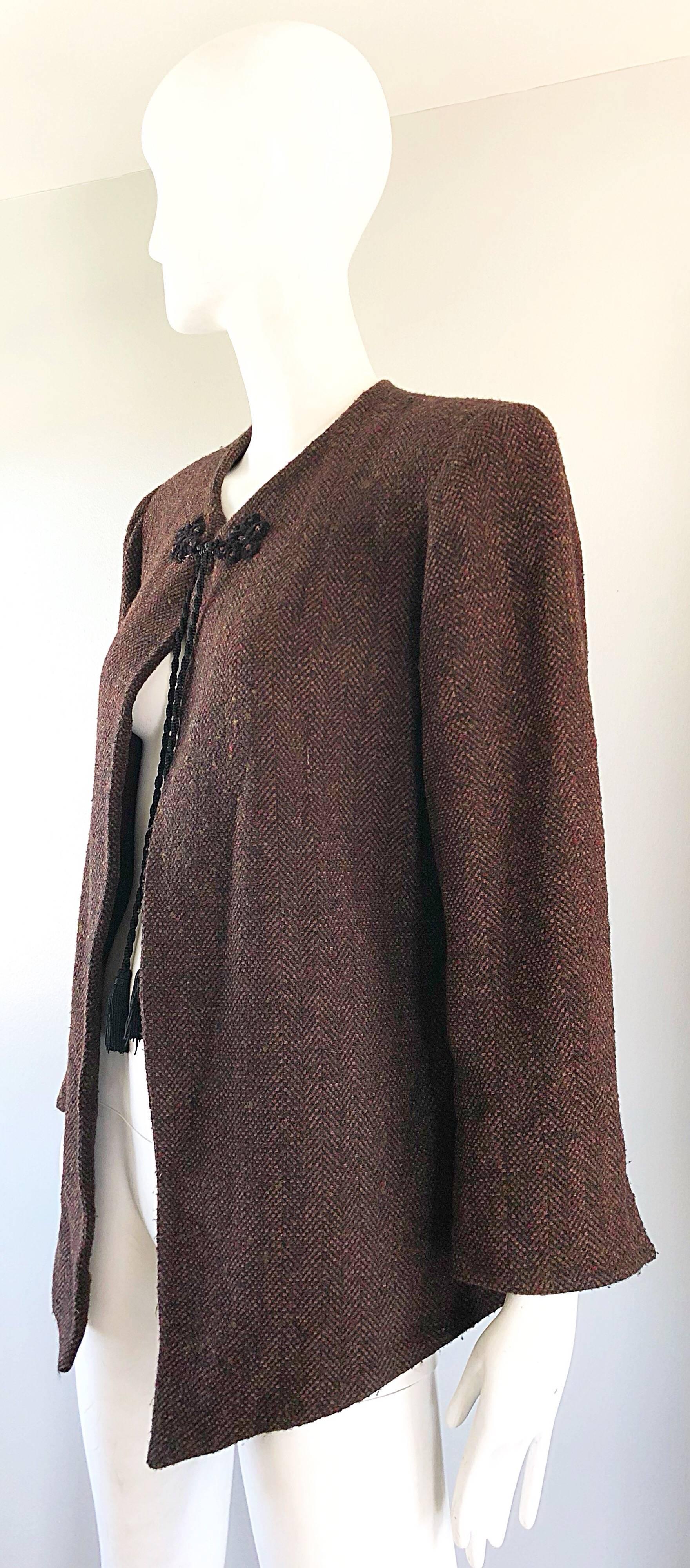 1990s Emanuel Ungaro Brown Wool Vintage 90s Tasseled Russian Swing Jacket For Sale 2