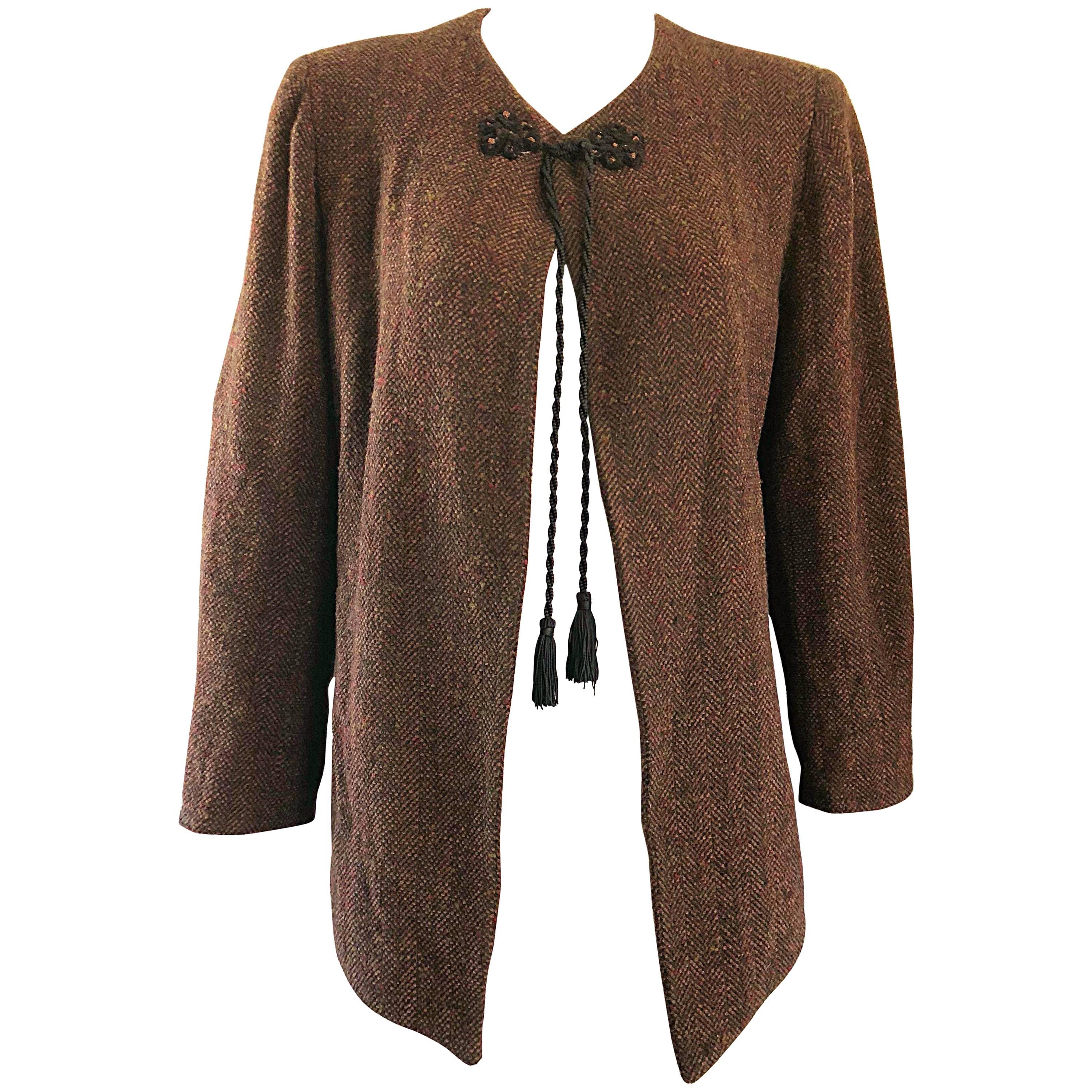 Años 90 Emanuel Ungaro Lana Marrón Vintage Años 90 Chaqueta Swing Rusa con Borlas