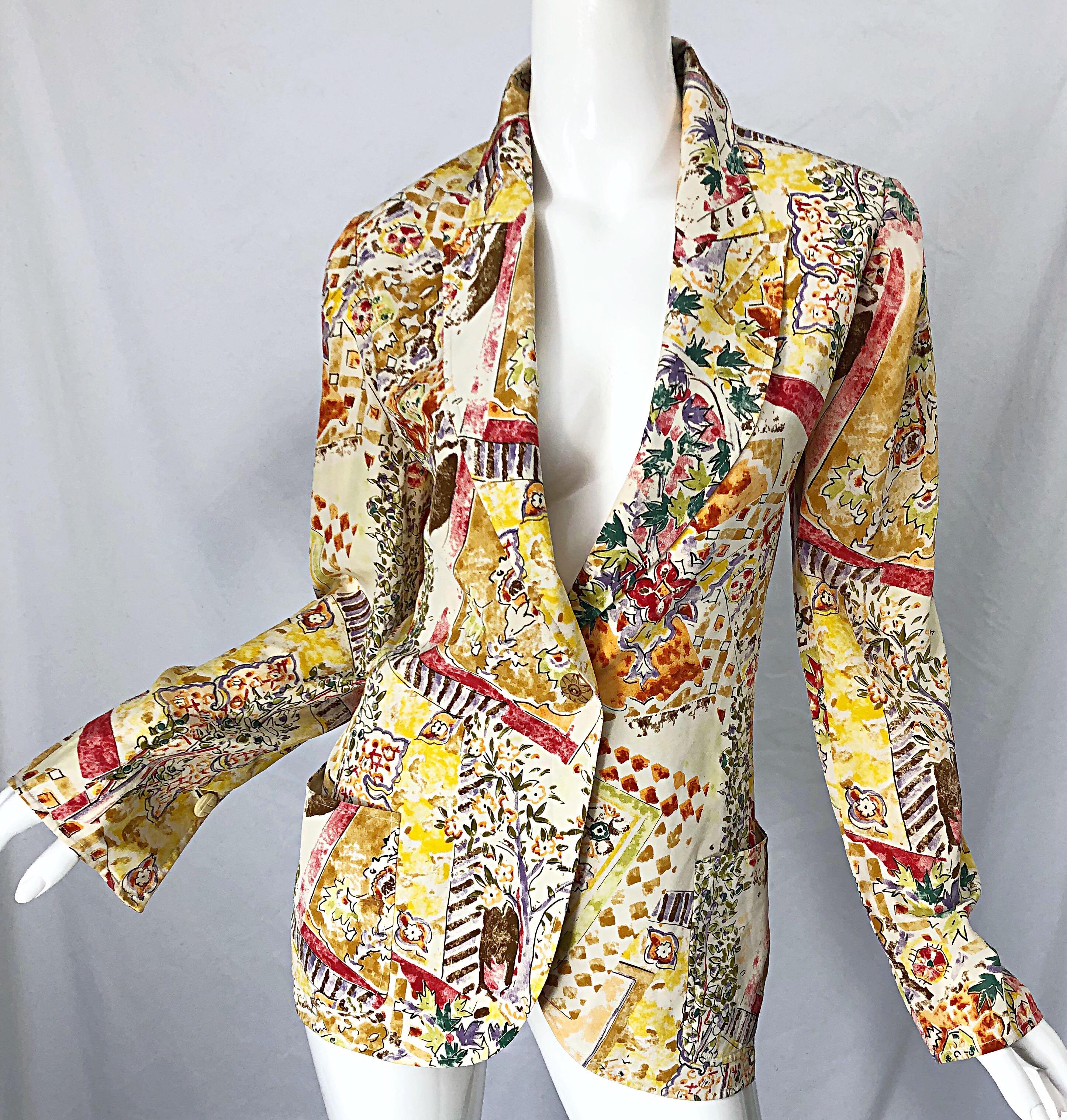 1990s Emanuel Ungaro Garden Flower Print Vintage 90s Silk Blazer Jacket For Sale 6