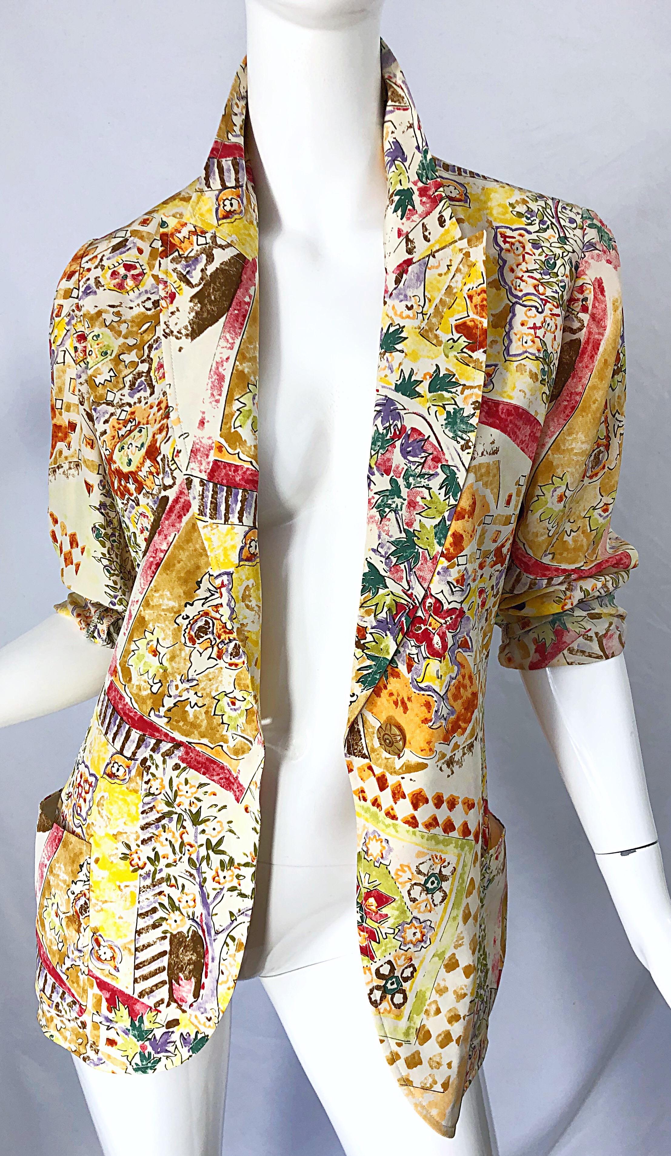 1990s Emanuel Ungaro Garden Flower Print Vintage 90s Silk Blazer Jacket For Sale 10