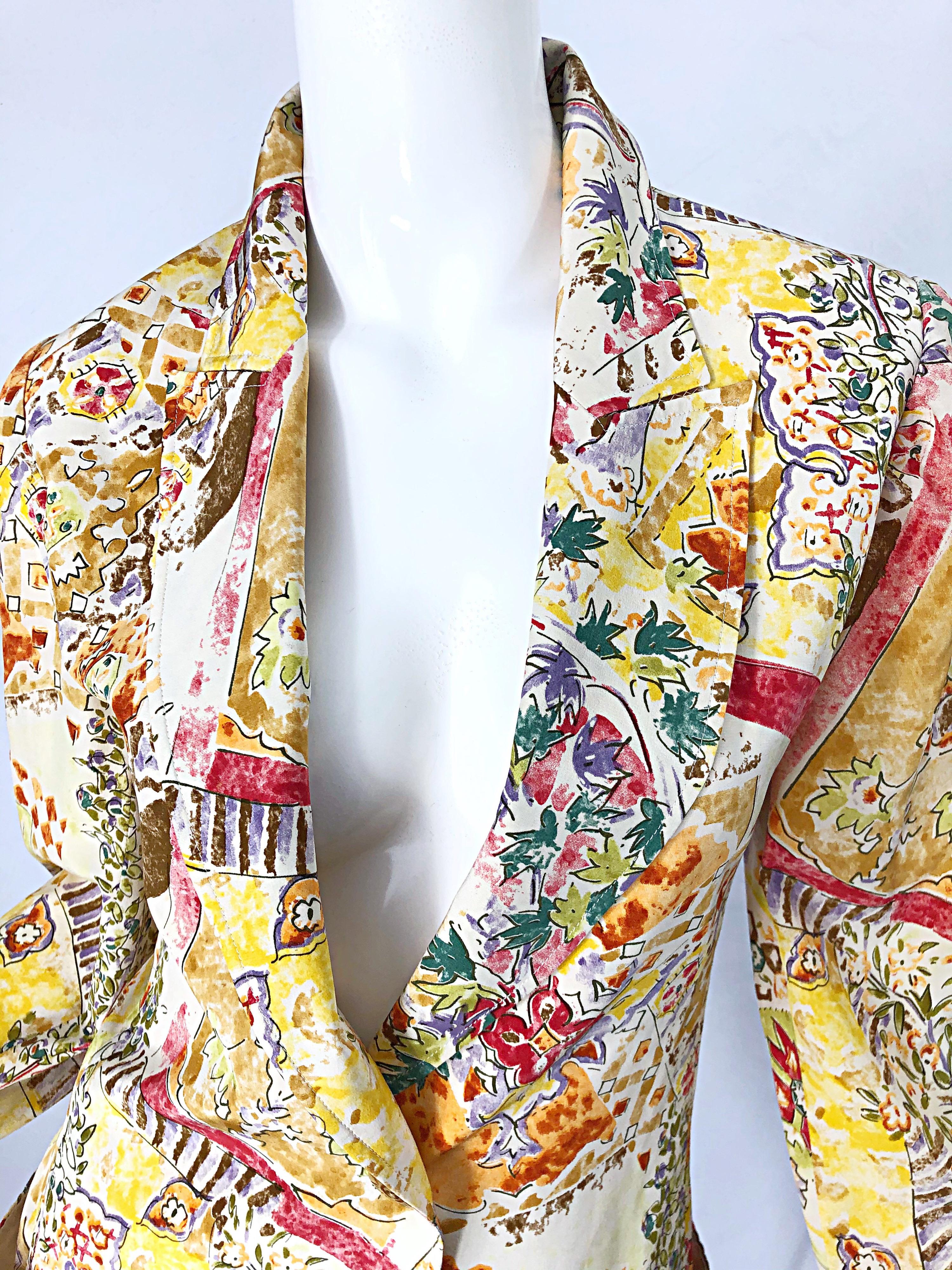 Beige 1990s Emanuel Ungaro Garden Flower Print Vintage 90s Silk Blazer Jacket For Sale