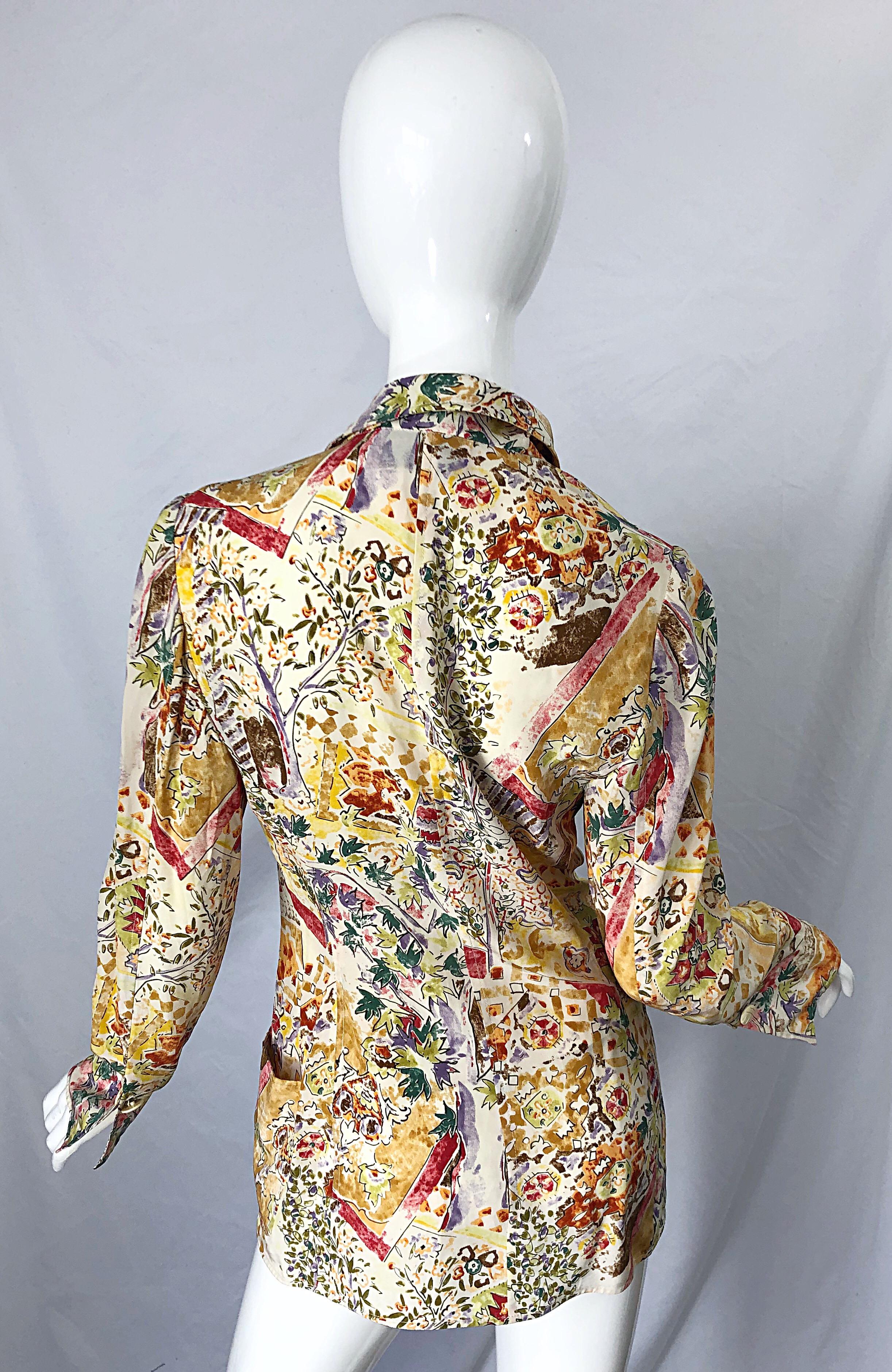 1990s Emanuel Ungaro Garden Flower Print Vintage 90s Silk Blazer Jacket For Sale 1