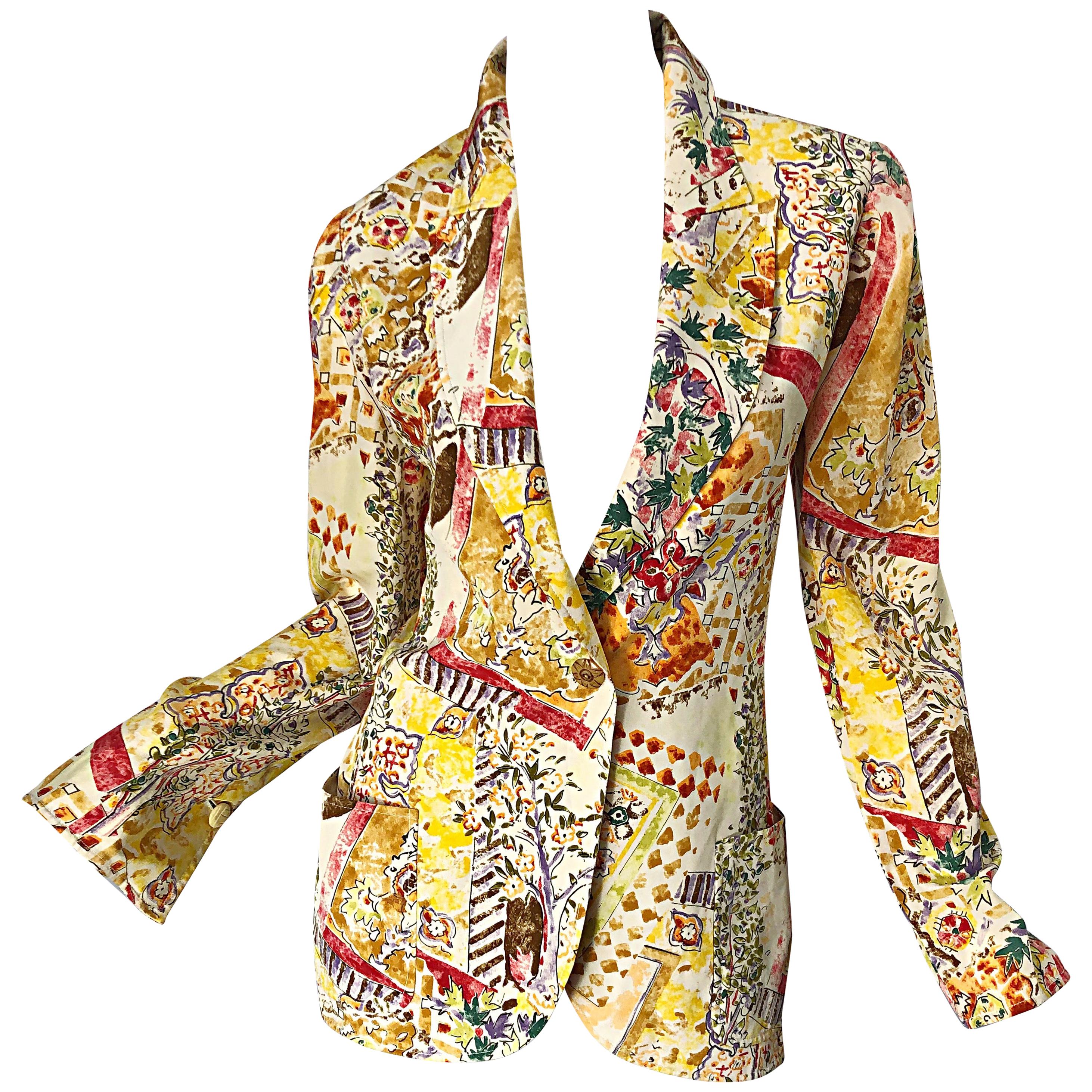 1990s Emanuel Ungaro Garden Flower Print Vintage 90s Silk Blazer Jacket For Sale