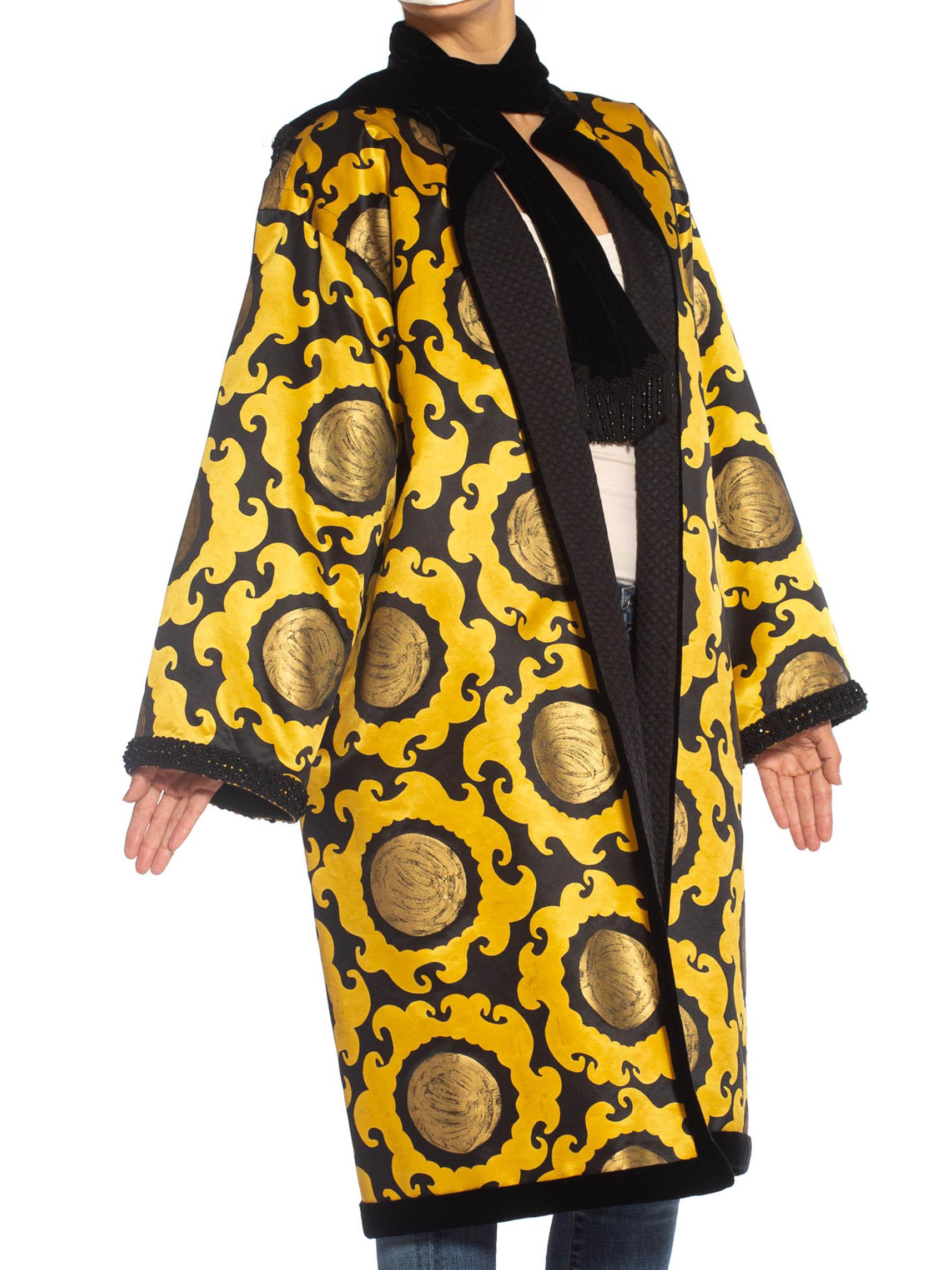 1990S EMANUEL UNGARO Gold & Black Silk Satin 1992 Golden Sun Coat With Quilted  For Sale 2