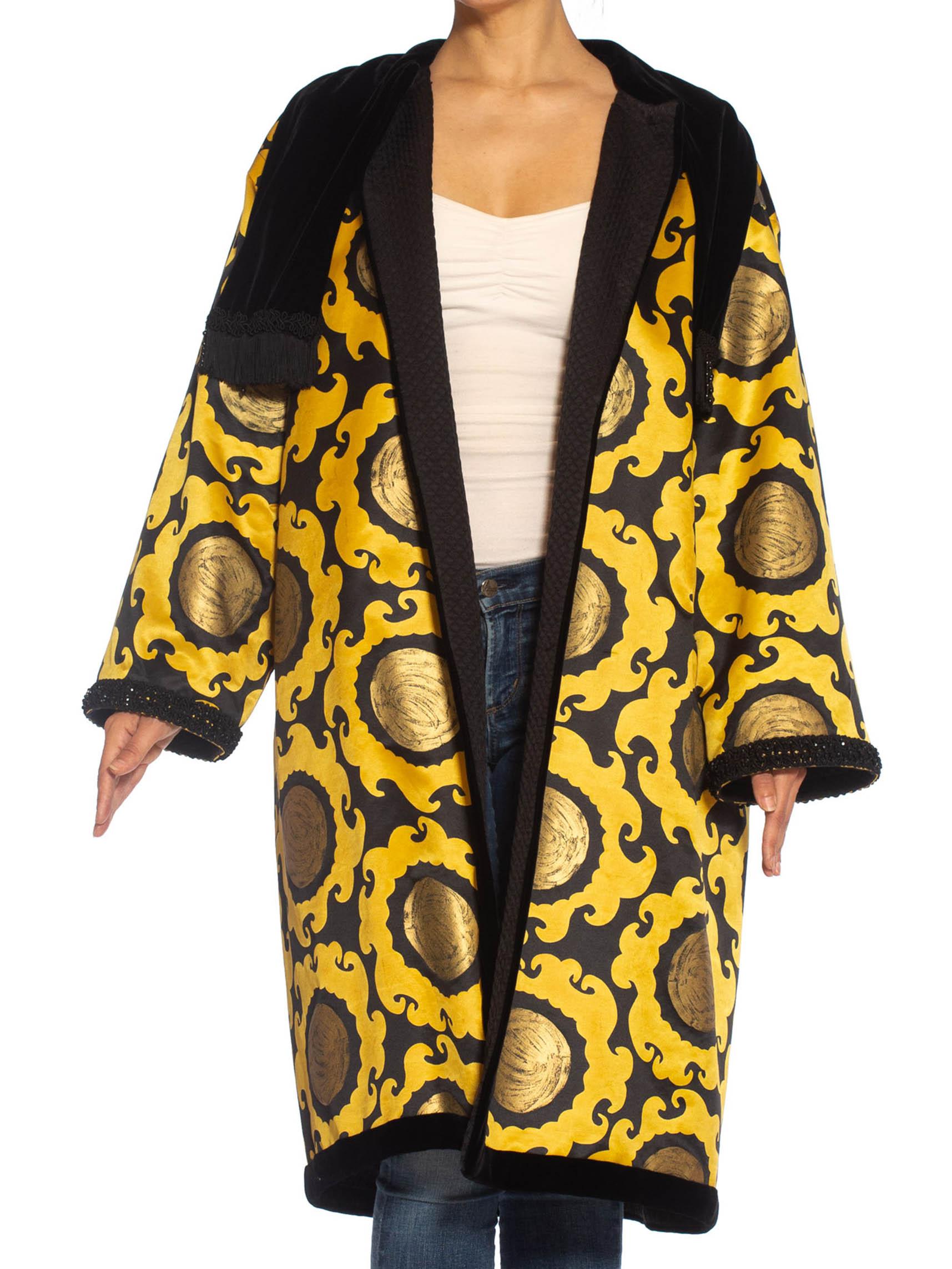 1990S EMANUEL UNGARO Gold & Black Silk Satin 1992 Golden Sun Coat With Quilted  For Sale 3