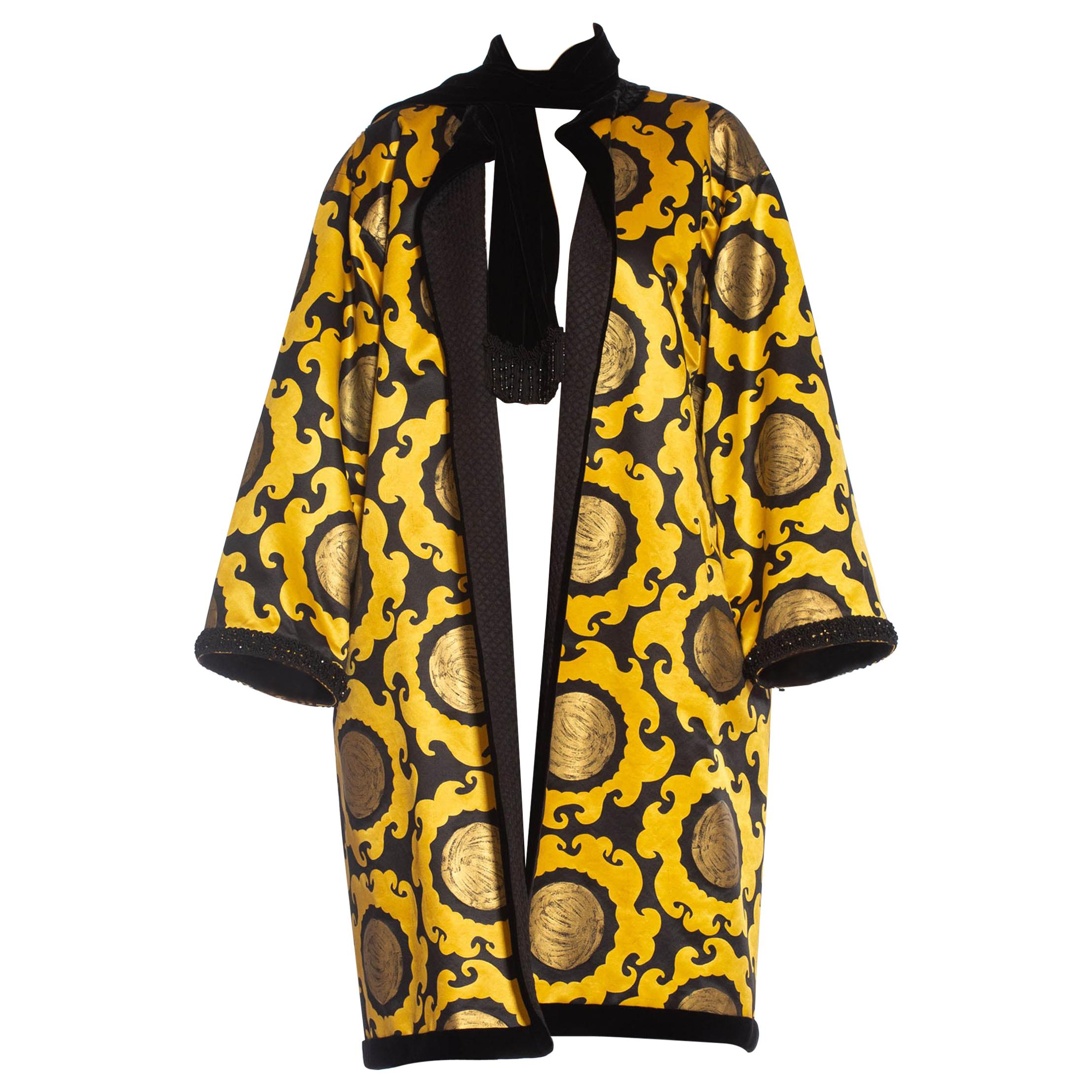 1990S EMANUEL UNGARO Gold & Black Silk Satin 1992 Golden Sun Coat With Quilted For Sale