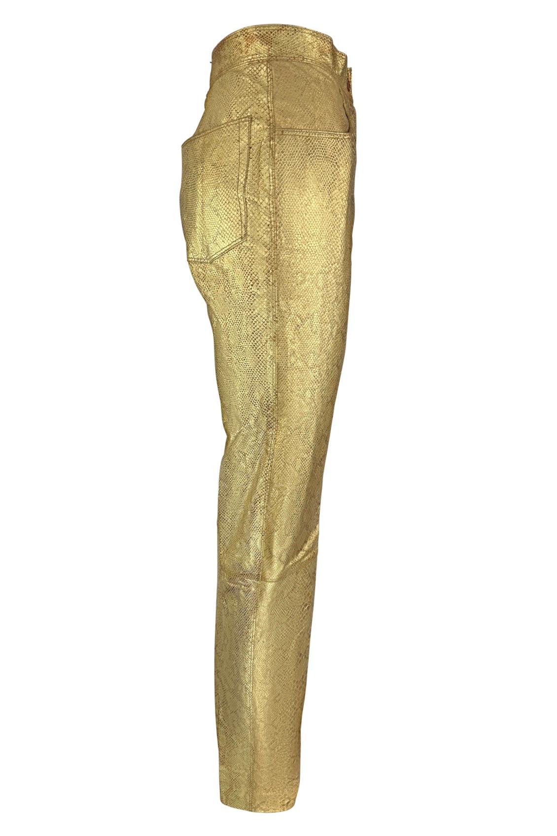 1990 Emanuel Ungaro - Pantalon en cuir gaufré imprimé serpent métallique doré en vente 1
