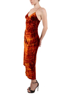 1990S EMANUEL UNGARO Golden Brown Tie Dyed Rayon & Silk Velvet Bias Cut Dress