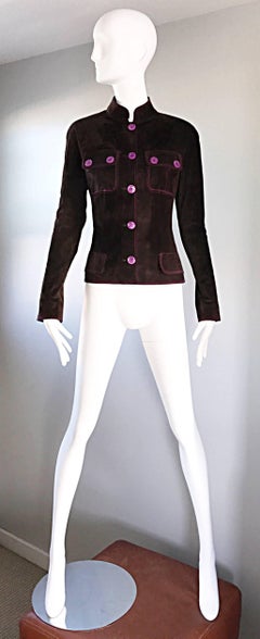 1990s Emanuel Ungaro Leather Suede Chocolate Brown + Purple Vintage Moto Jacket