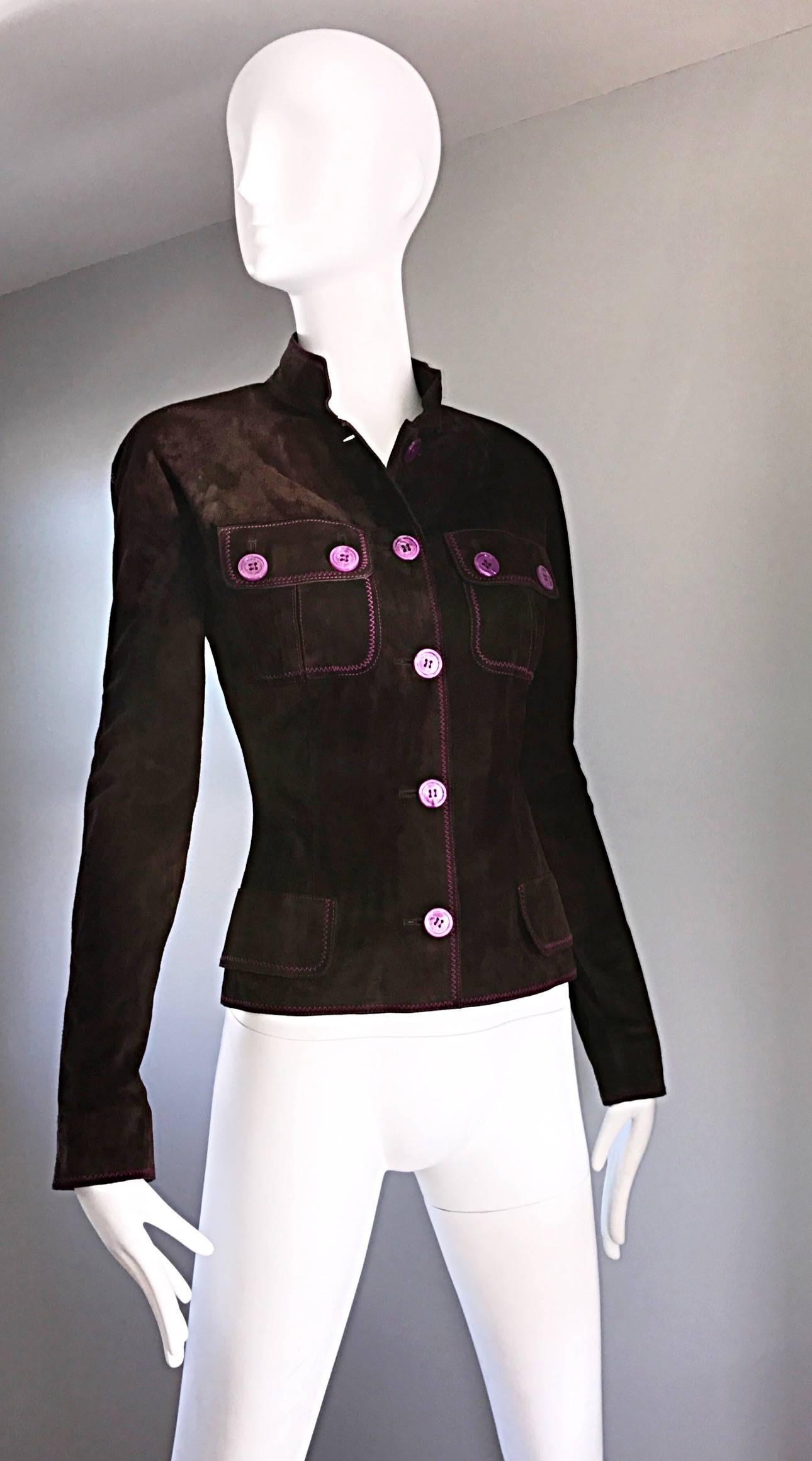 1990s Emanuel Ungaro Leather Suede Chocolate Brown + Purple Vintage Moto Jacket For Sale 1