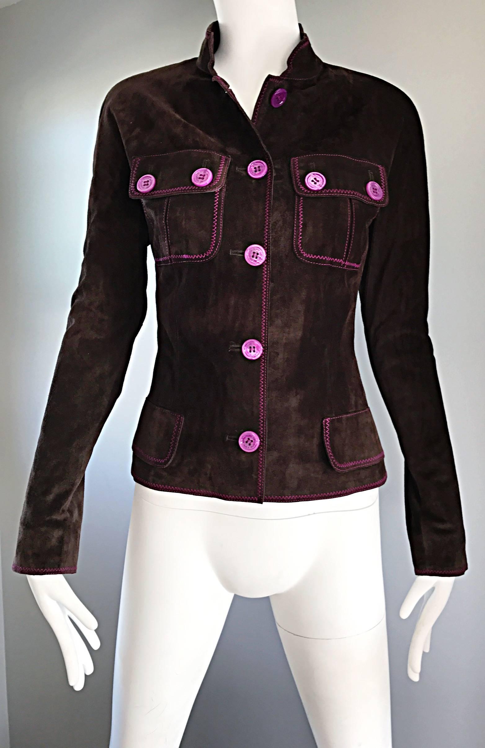 1990s Emanuel Ungaro Leather Suede Chocolate Brown + Purple Vintage Moto Jacket For Sale 3