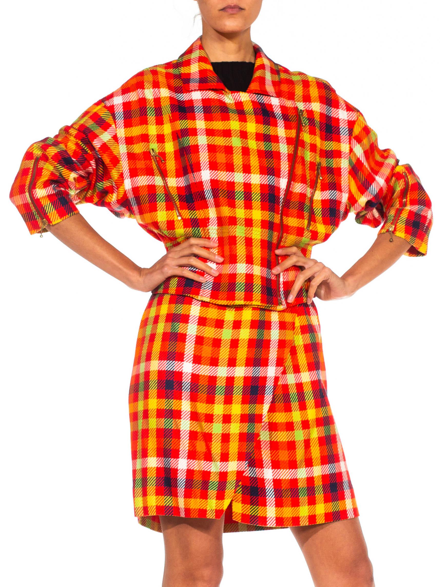 1990S EMANUEL UNGARO Red & Yellow Silk Blend Plaid Clueless Skirt Suit For Sale 1