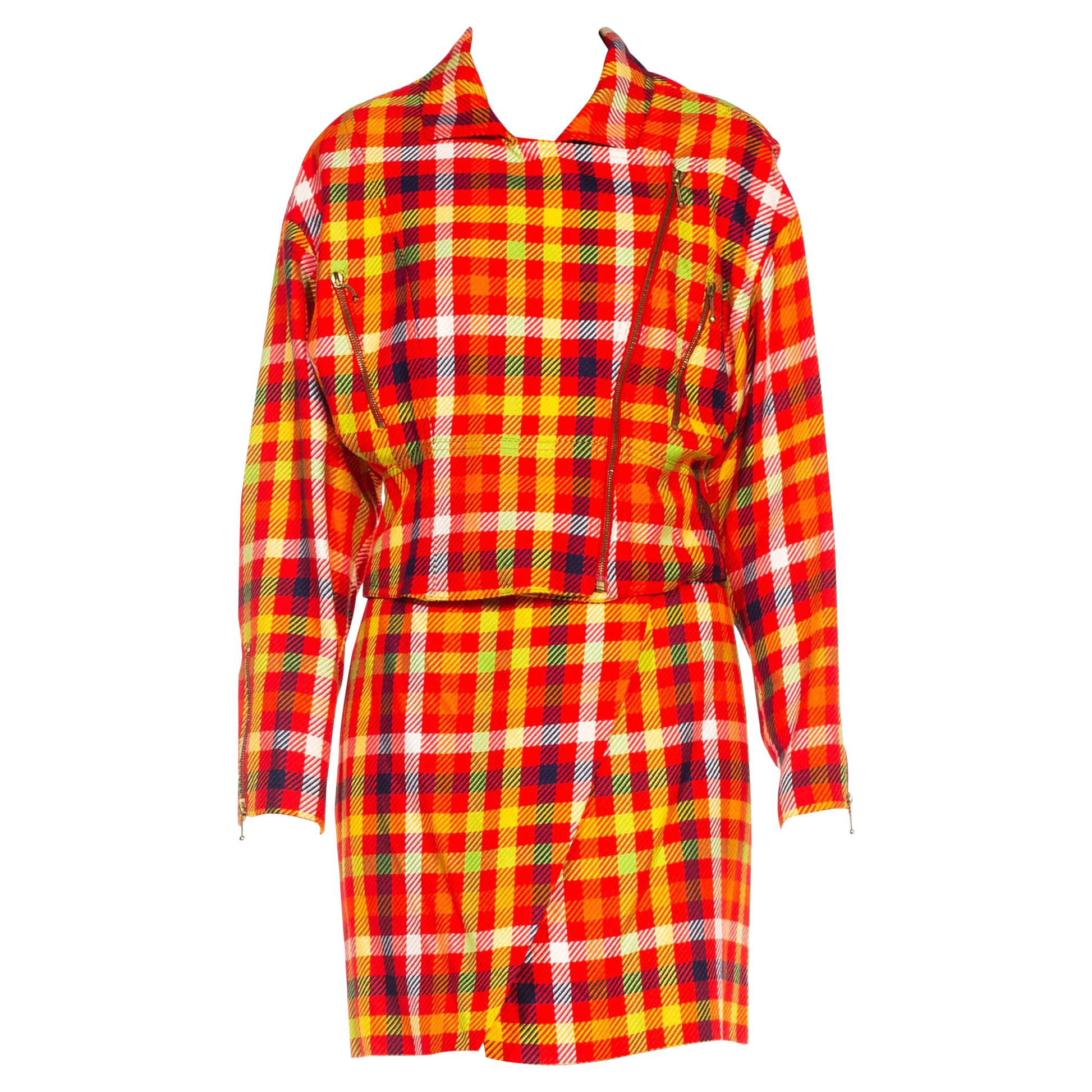 1990S EMANUEL UNGARO Red & Yellow Silk Blend Plaid Clueless Skirt Suit For Sale