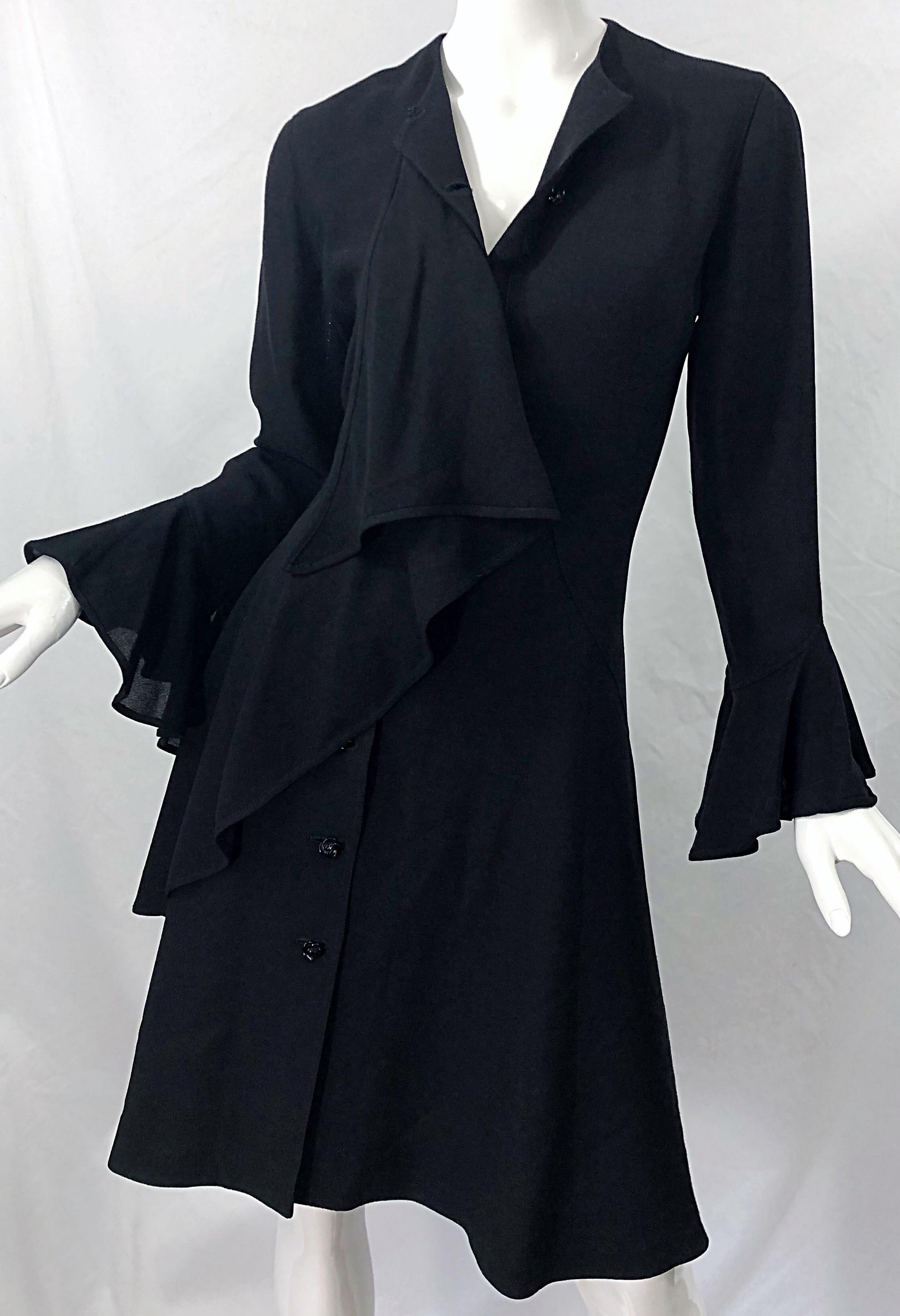 1990s Emanuel Ungaro Size 10 Black Rayon Vintage 90s Bell Sleeve Wrap Dress For Sale 4