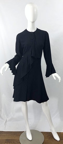 1990s Emanuel Ungaro Size 10 Black Rayon Vintage 90s Bell Sleeve Wrap Dress