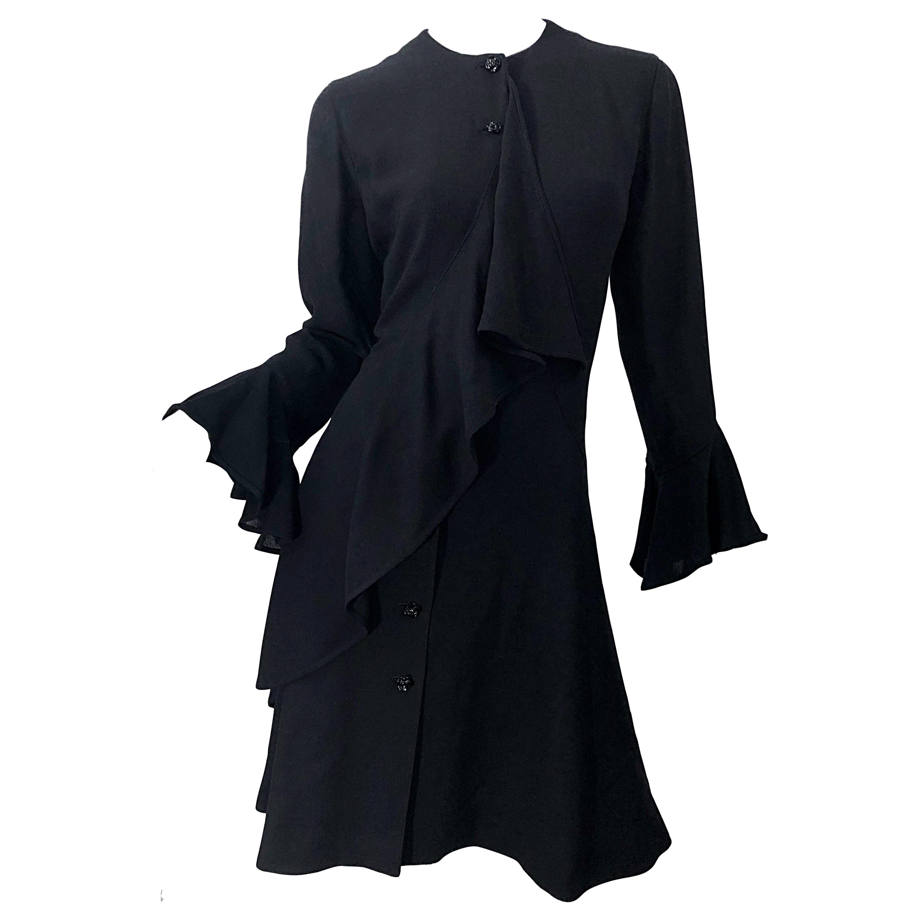 1990s Emanuel Ungaro Talla 10 Negro Rayón Vintage 90s Vestido Envolvente Manga Campana en venta