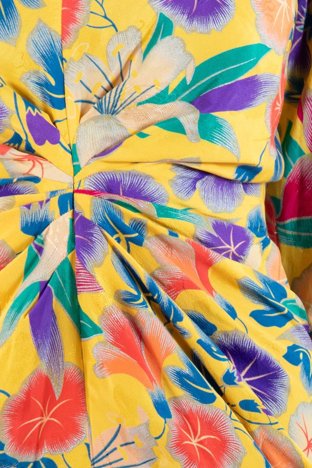 1990S Emanuel Ungaro Yellow Floral Silk Crepe De Chine Sleeved Cocktail Dress For Sale 6