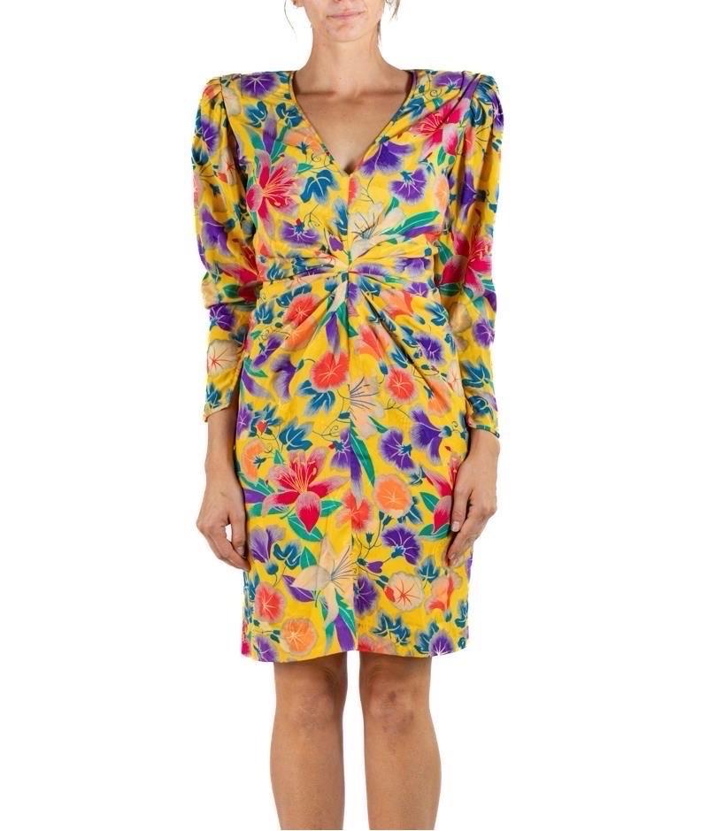 Beige 1990S Emanuel Ungaro Yellow Floral Silk Crepe De Chine Sleeved Cocktail Dress For Sale