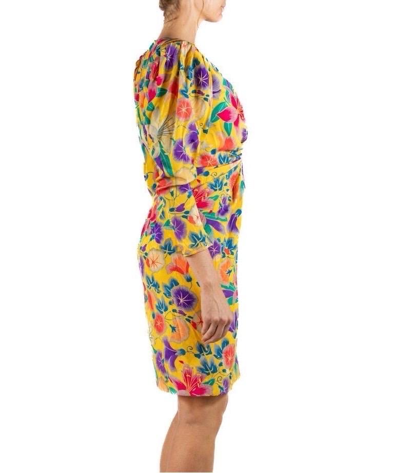 Women's 1990S Emanuel Ungaro Yellow Floral Silk Crepe De Chine Sleeved Cocktail Dress For Sale
