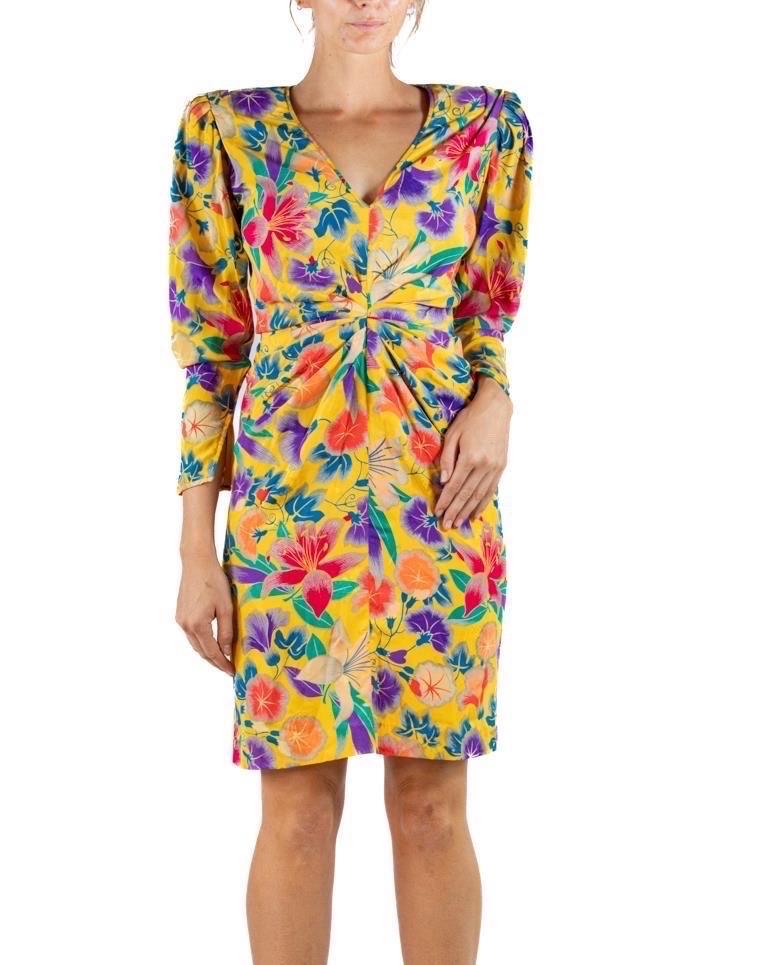1990S Emanuel Ungaro Yellow Floral Silk Crepe De Chine Sleeved Cocktail Dress For Sale 1