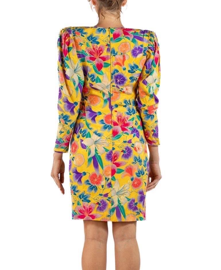 1990S Emanuel Ungaro Yellow Floral Silk Crepe De Chine Sleeved Cocktail Dress For Sale 2