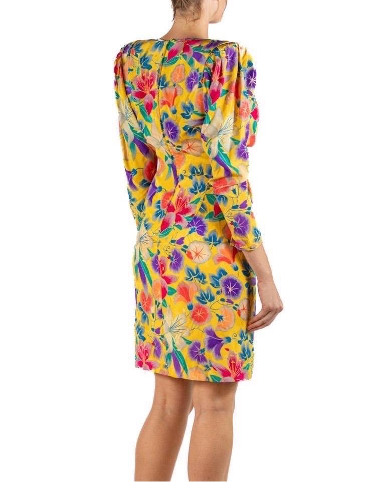 1990S Emanuel Ungaro Yellow Floral Silk Crepe De Chine Sleeved Cocktail Dress For Sale 3