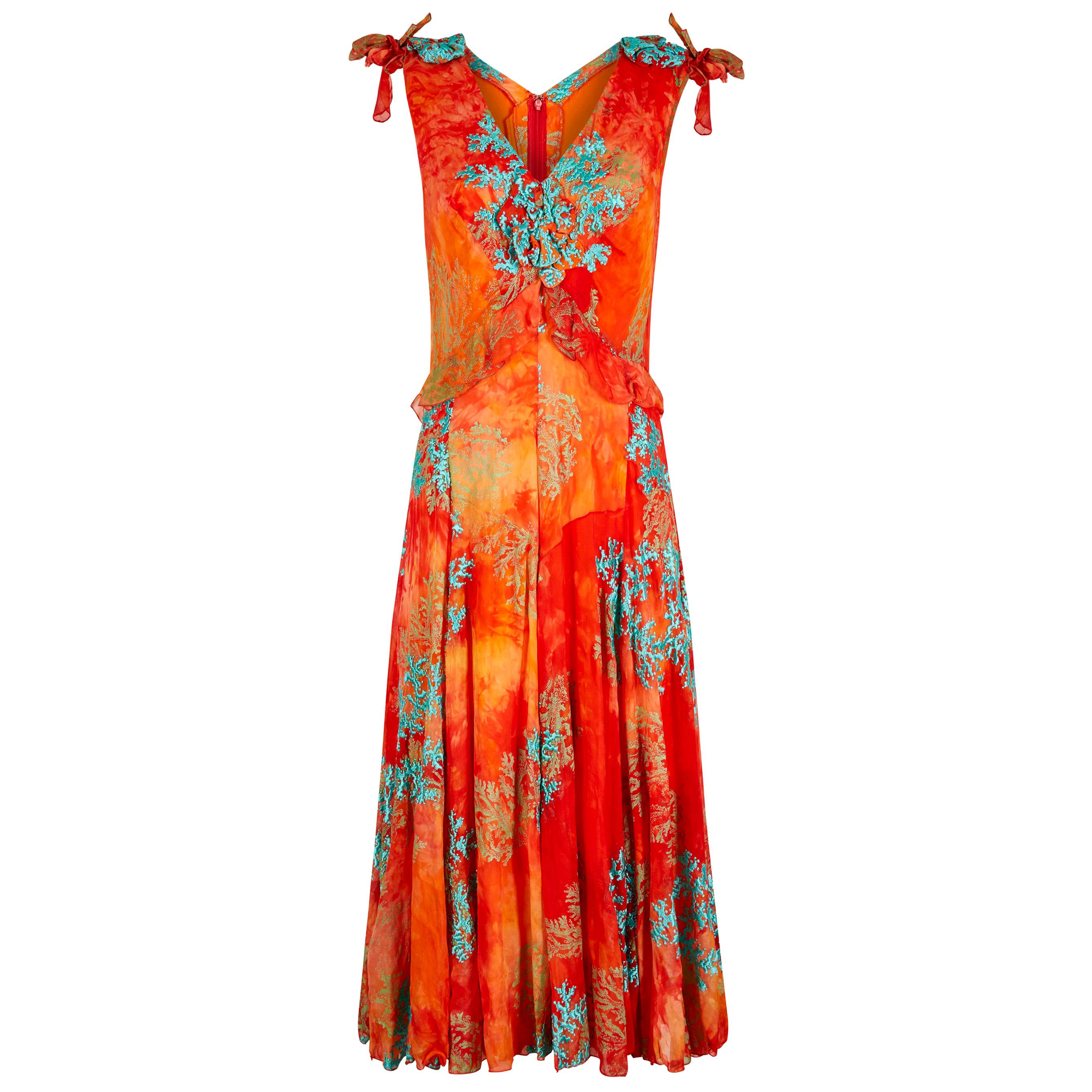1990s Embroidered Orange & Turquoise Silk Couture Dress and Bag