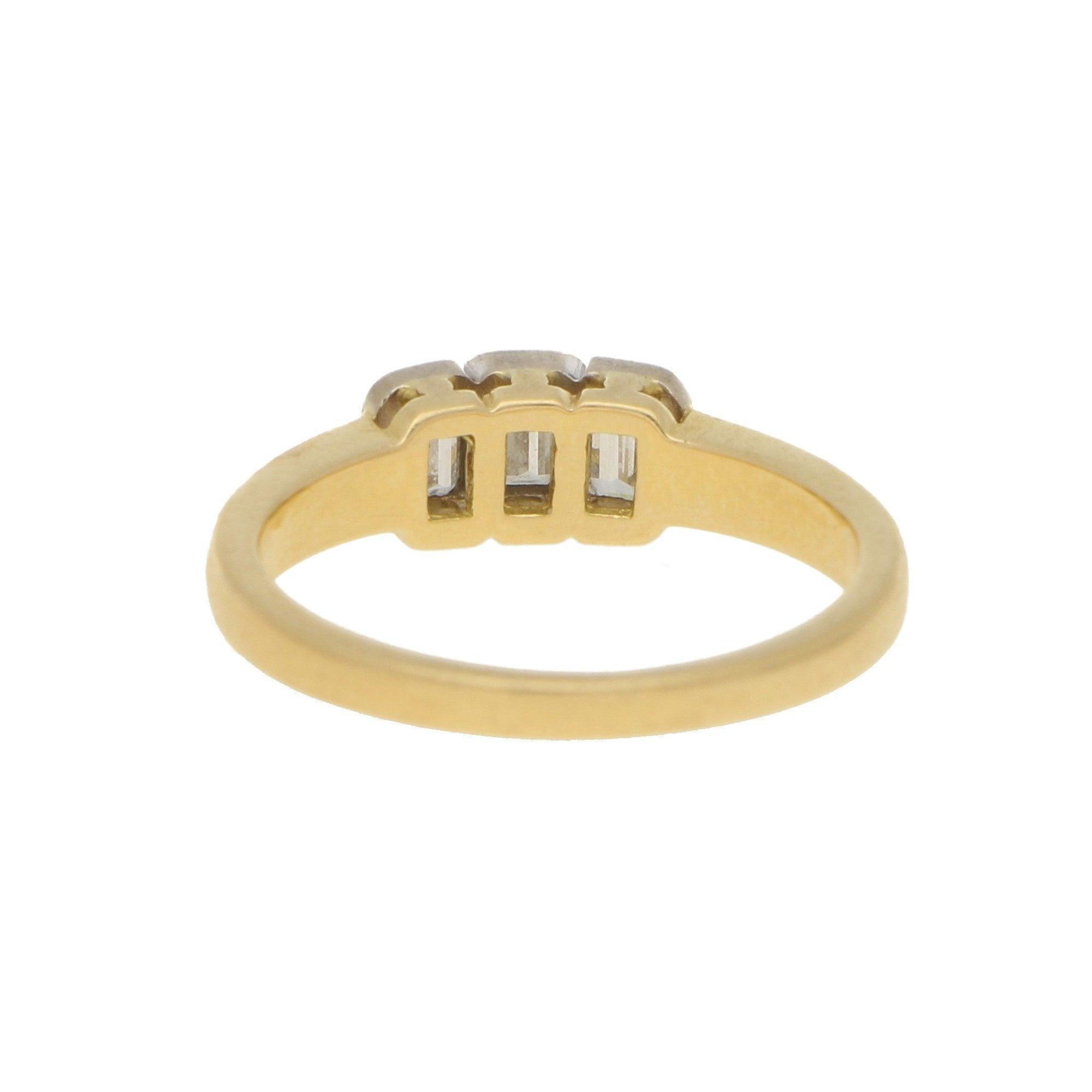 Emerald Cut Emerald-Cut Diamond Three-Stone Engagement Ring in 18k Yellow and White Gold