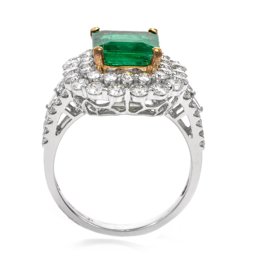 Women's 1990s Emerald Diamond 18 Karat White Gold Cocktail Ring