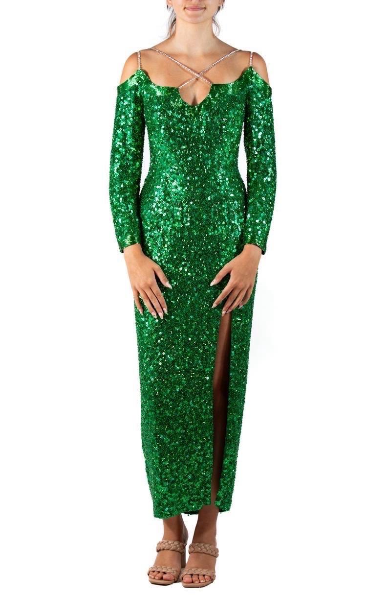 Vert 1990S Robe en mousseline de soie vert émeraude entièrement perlée en vente