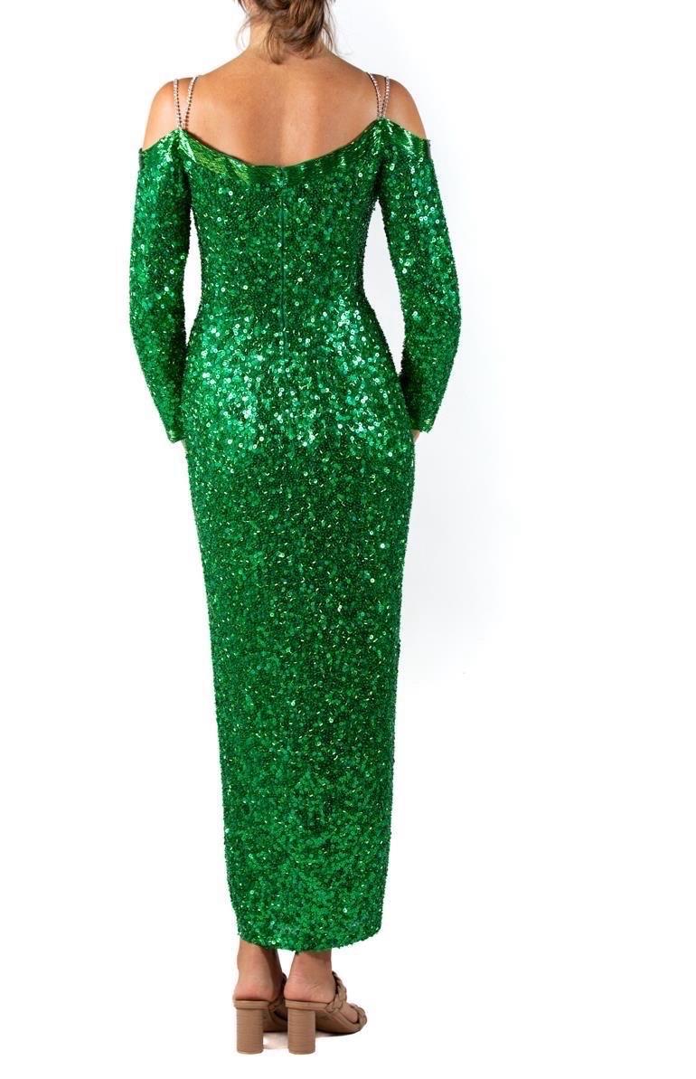 1990S Robe en mousseline de soie vert émeraude entièrement perlée en vente 1