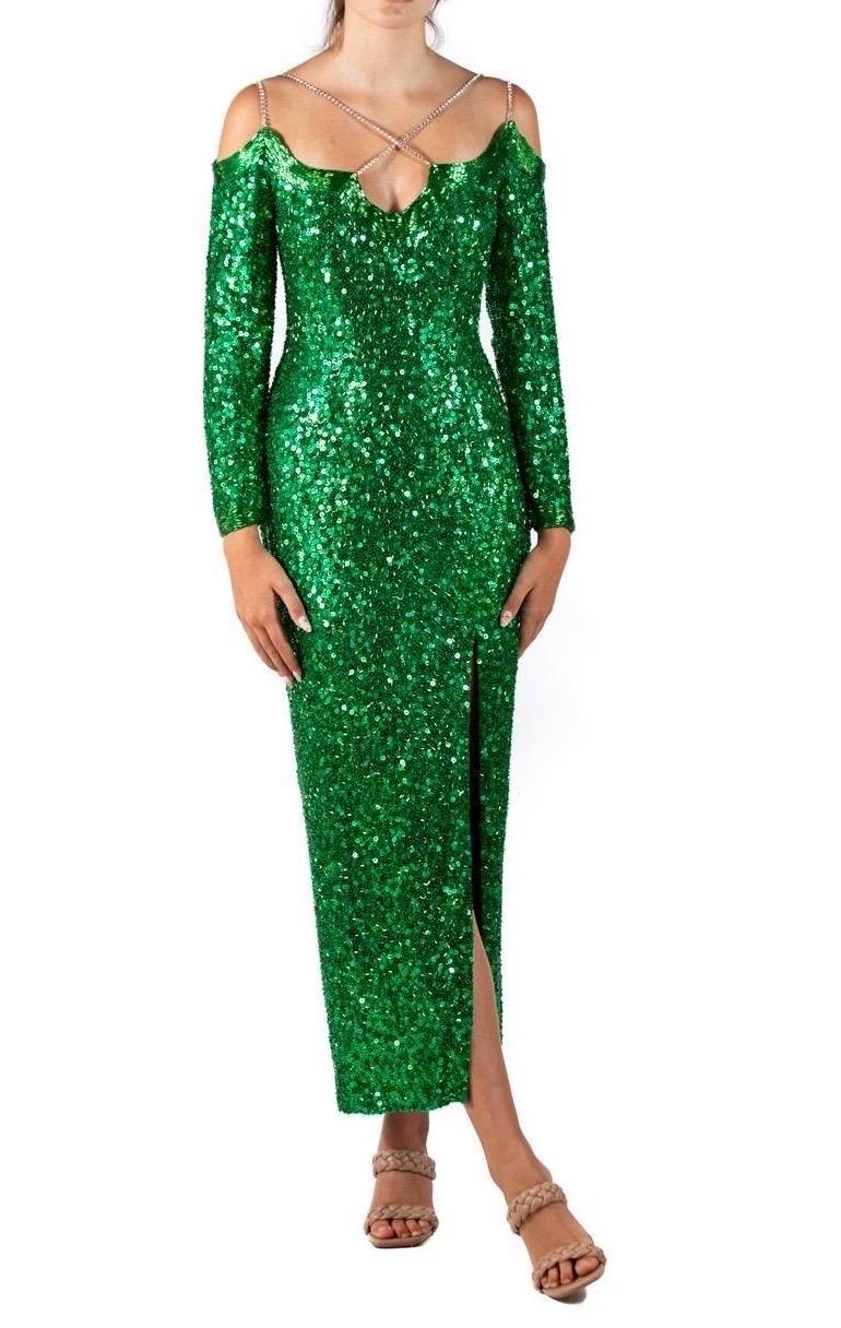 1990S Robe en mousseline de soie vert émeraude entièrement perlée en vente 5