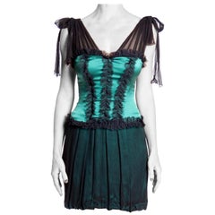 2000S Emerald Green & Black Silk Charmeuse Chiffon Victorian Inspired Bubble Sk