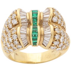 1990s Emeralds Baguette with Round Diamonds Double Bow Design Gold Cocktail Ring