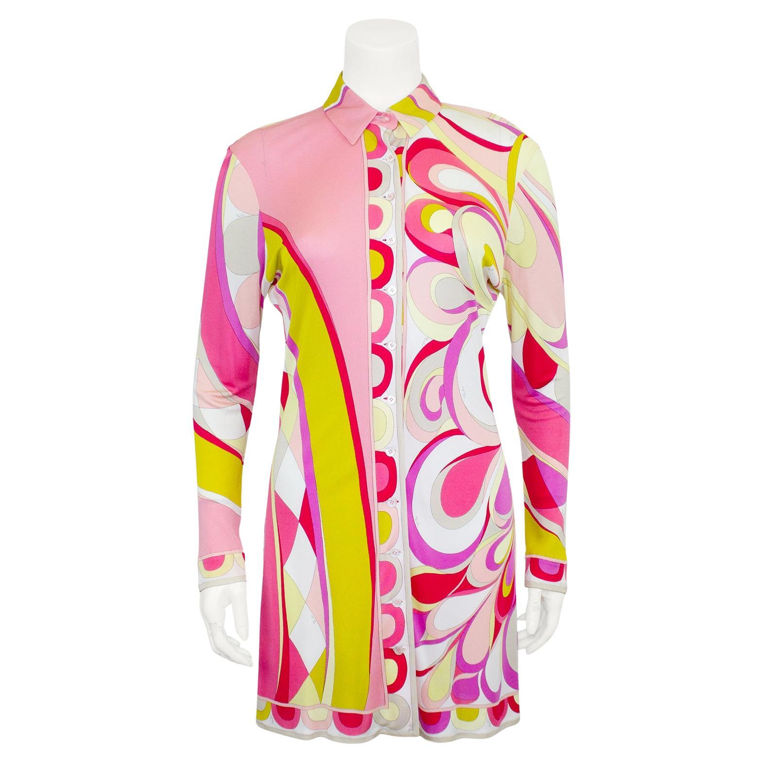 1990s Emilio Pucci Abstract Printed Pink and Yellow Tunic For Sale