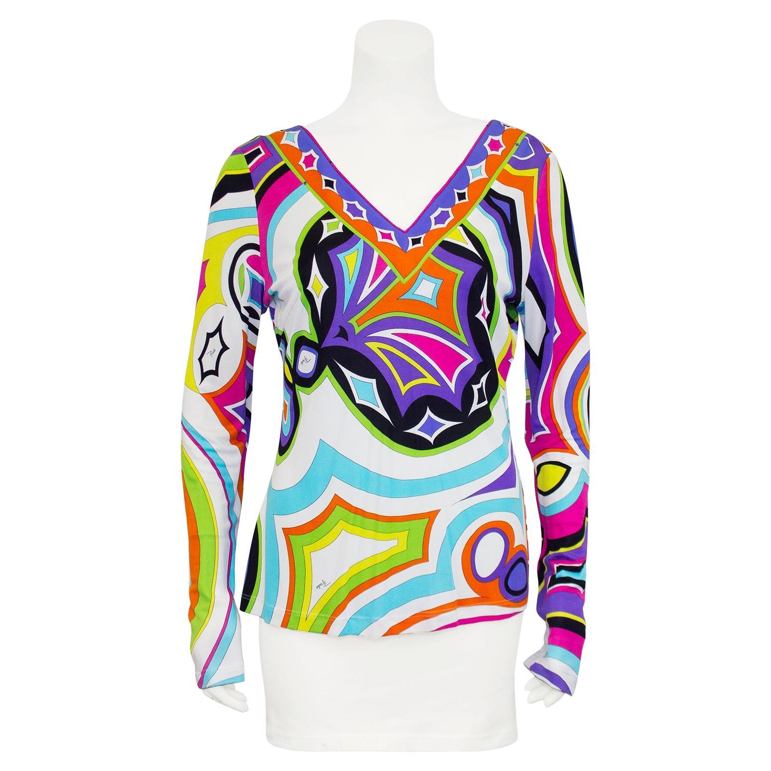 1990s Emilio Pucci Bright Multi Colour V Neck Top For Sale